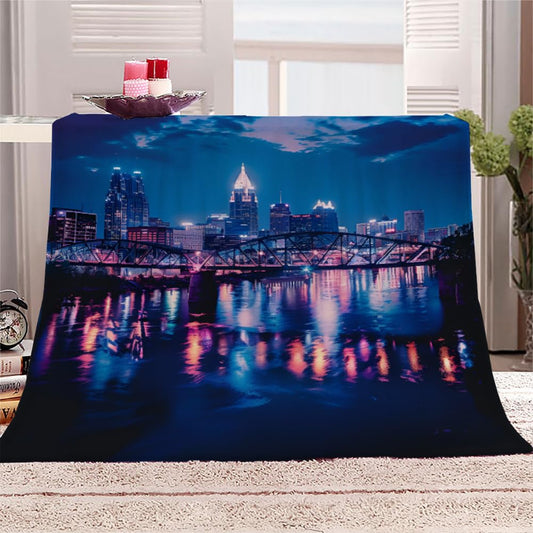 PAOABIU City Pittsburgh Blanket Throw, Bridge Reflection Throw Blanket for Couch, Night View Breathable Warm Bed Throw, Dark Blue Lightweight Fleece Blanket Kids 30"x 40" Camping & Travel Blanket
