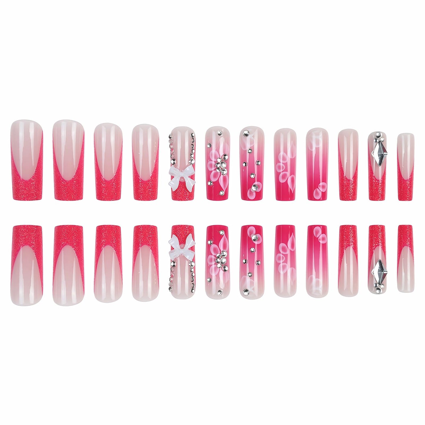 MISUD Press on Nails - Long Square Glue on Nails with Hot Pink, Acrylic Bling Glitter Rhinestone Design 24 pcs