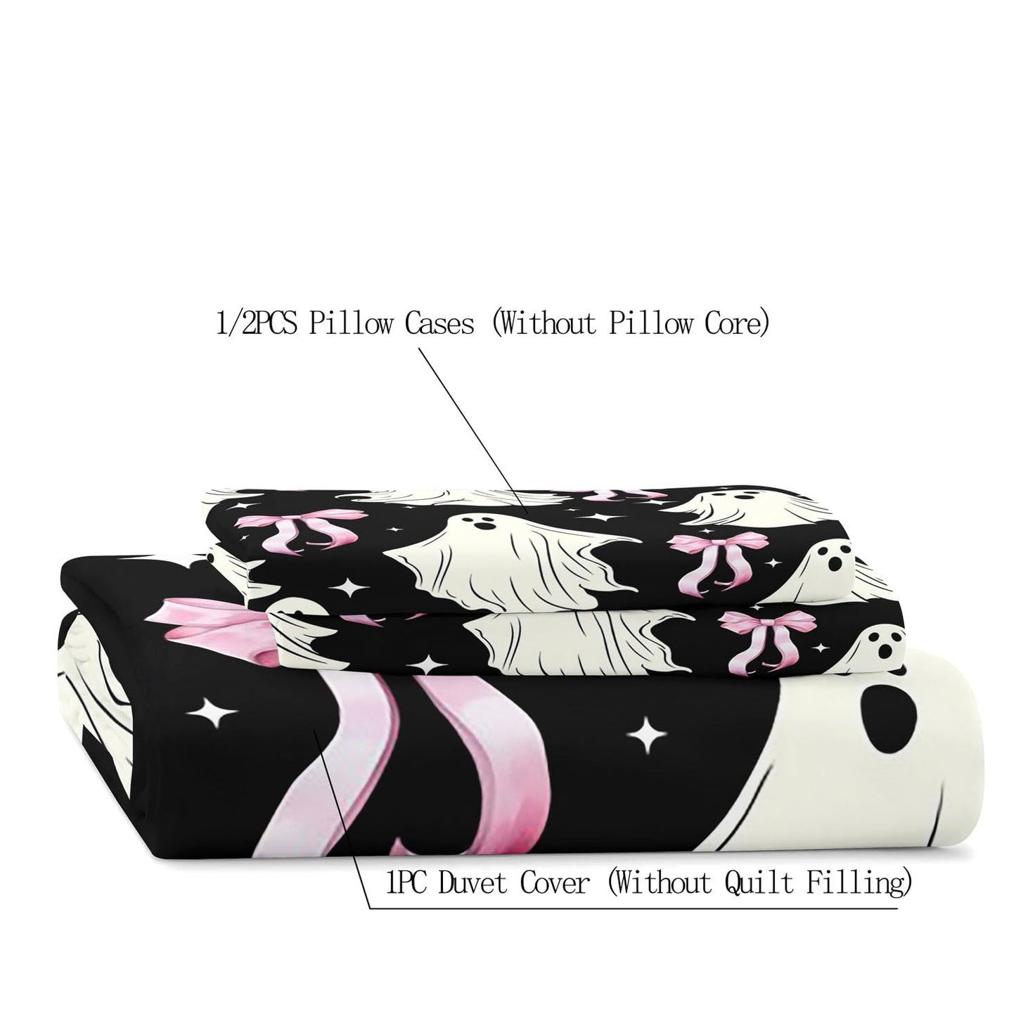 LUVIVIHOME 3PCS Pink Bow Cute Ghost Duvet Cover Queen Bedding Sets, Black Duvet Cover, Teen Girl Bedding, Spooky Halloween Comforter Cover, Coquette Room Decor Aesthetic, Bed in a Bag, 2 Pillow Cases