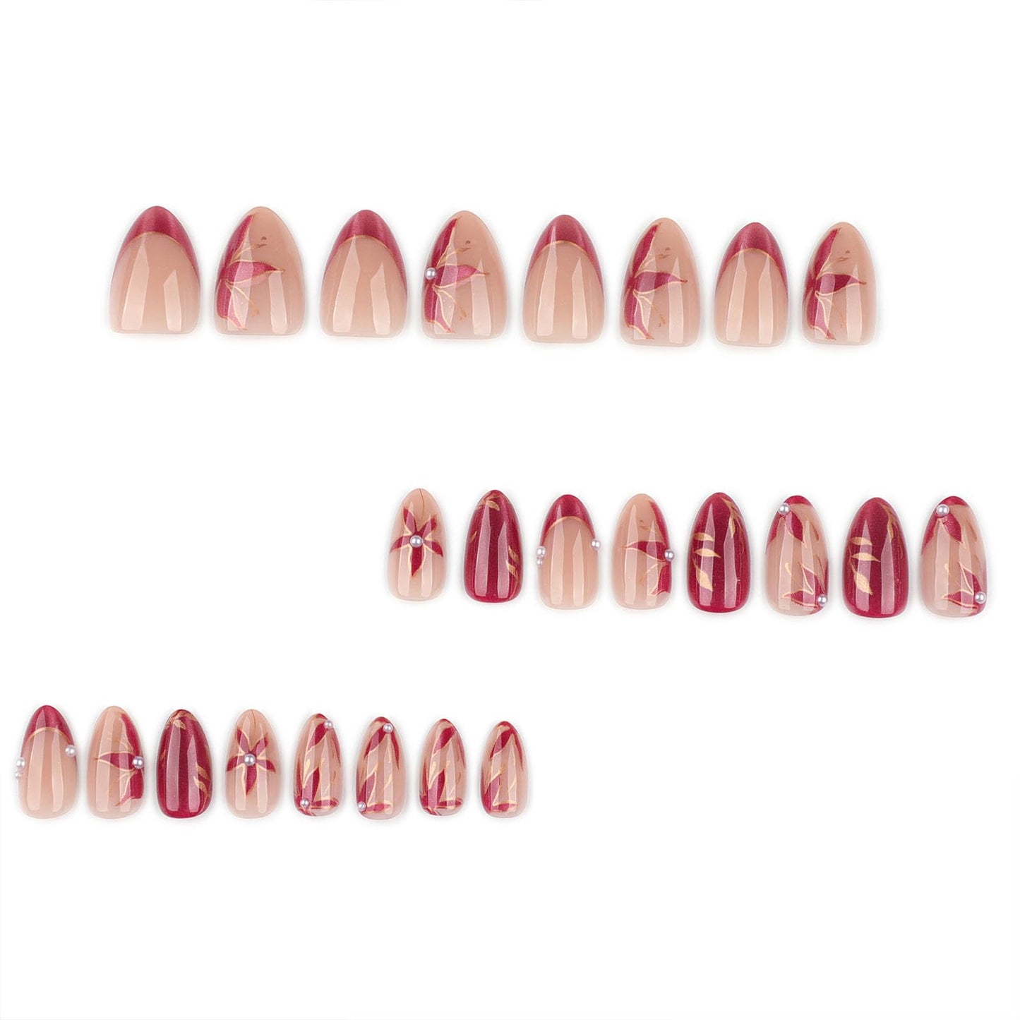 Short Press on Nails Almond Flower Red Cat Eye Acrylic Fake Nails with 3D Pearls Gold Leaf Floral Design Full Cover Reusable French Tip Glue on False Nail for Women 24 Pcs