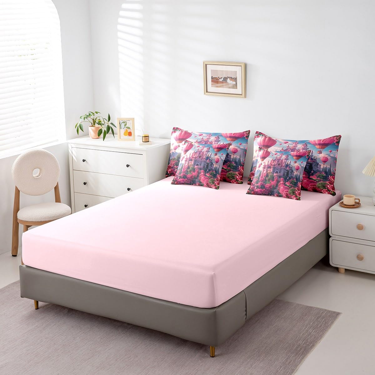 Erosebridal Kids Dreamy Castle Comforter Set King,Sea of Rose Flowers Bedding Set 7Pcs for Girls Teens,Funny Hot Air Balloon Print Bed in a Bag,Floral Leaves Botanical Quilt