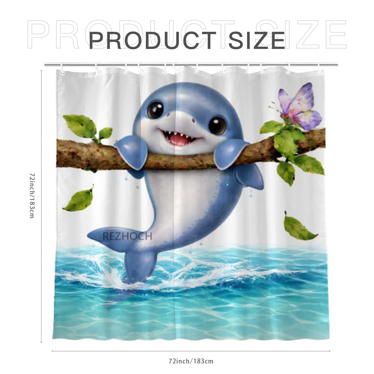 REZHOCH Cute Dolphin Shower Curtain Adorable Animal Hanging on Tree Branch Funny Cartoon Butterfly Bath Curtain Waterproof Fabric Home Bathroom Decor 72x72Inch with 12 Hooks