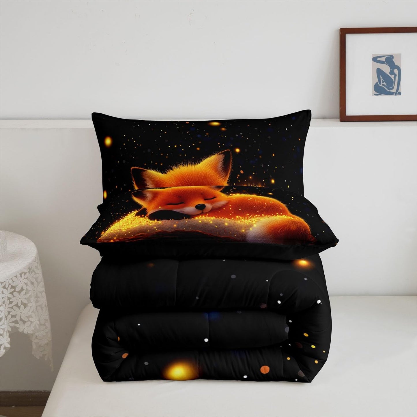Feelyou Cute Fox Comforter Set Twin Size Kids Galaxy Fox Bedding Set for Boys Girls Teens Universe Animal Comforter Breathable Woodland Fox Duvet Set Glitter Wildlife Quilt Set