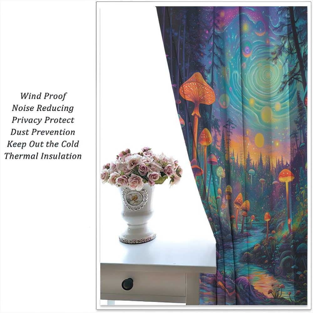 SOPIYRIO Abstract Forest Mushroom Blackout Curtains Rustic River Fantasy Landscape Rod Pocket Window Drapes Room Darkening Curtains for Bedroom 2 Panels 21 W x 45 L inch