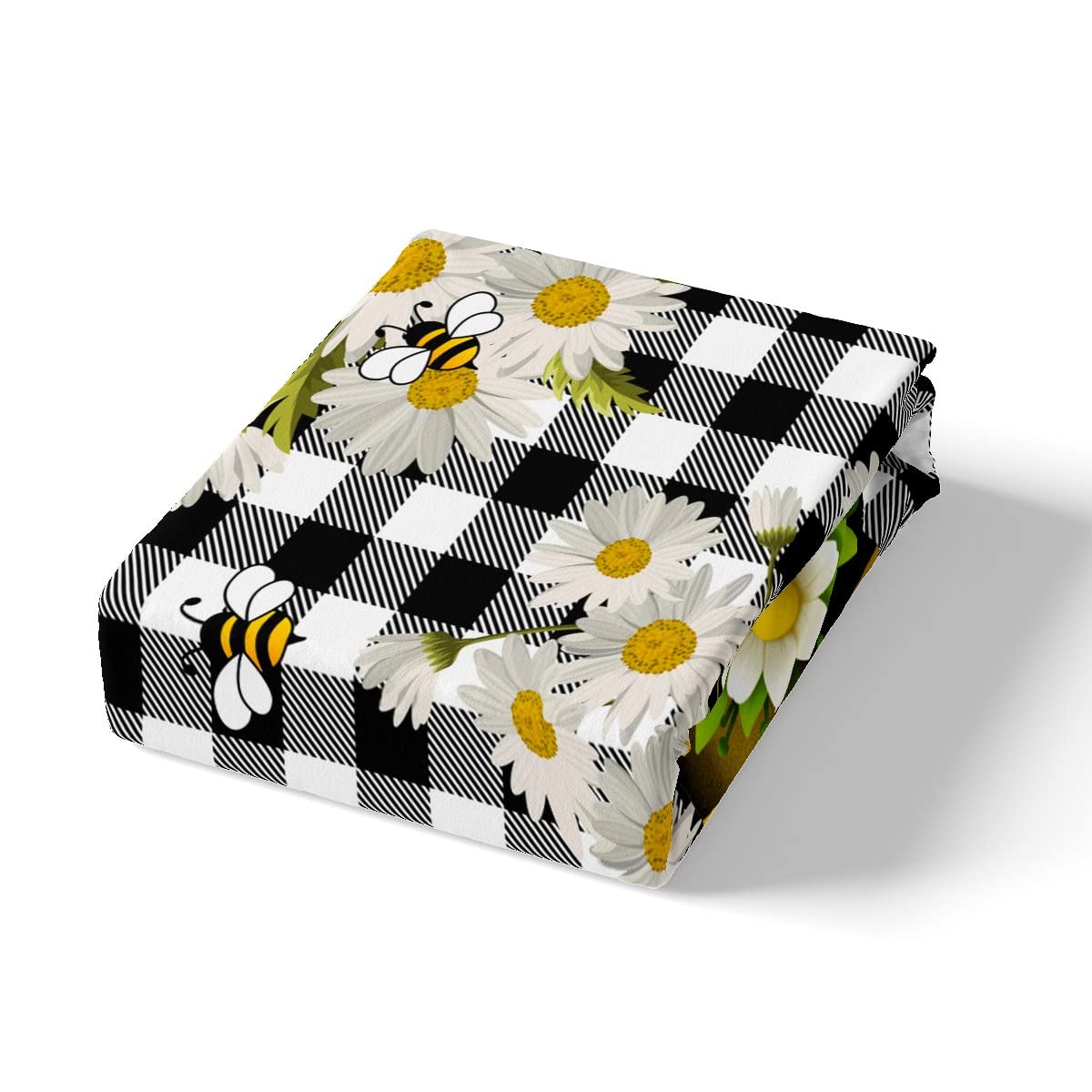 Daisy Gnomes Bed Sheet Twin Size Black White Grid Bedding Set 3pcs for Kids Girls Boys Teens Home Decor Bee Flowers Spring Style Deep Pocket Fitted Sheet Plants Nature Top Flat Sheet,1 Pillowcase