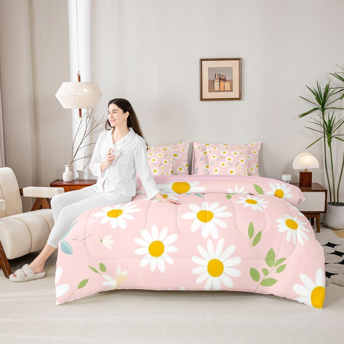 Erosebridal Cute Daisy 7-Piece Bedding Set Twin Size for Teen Girls White and Pink Comforter Set with Sheets for Kids Women Groovy Floral Bed in A Bag Trendy Coquette Flower Bed Sets All Season