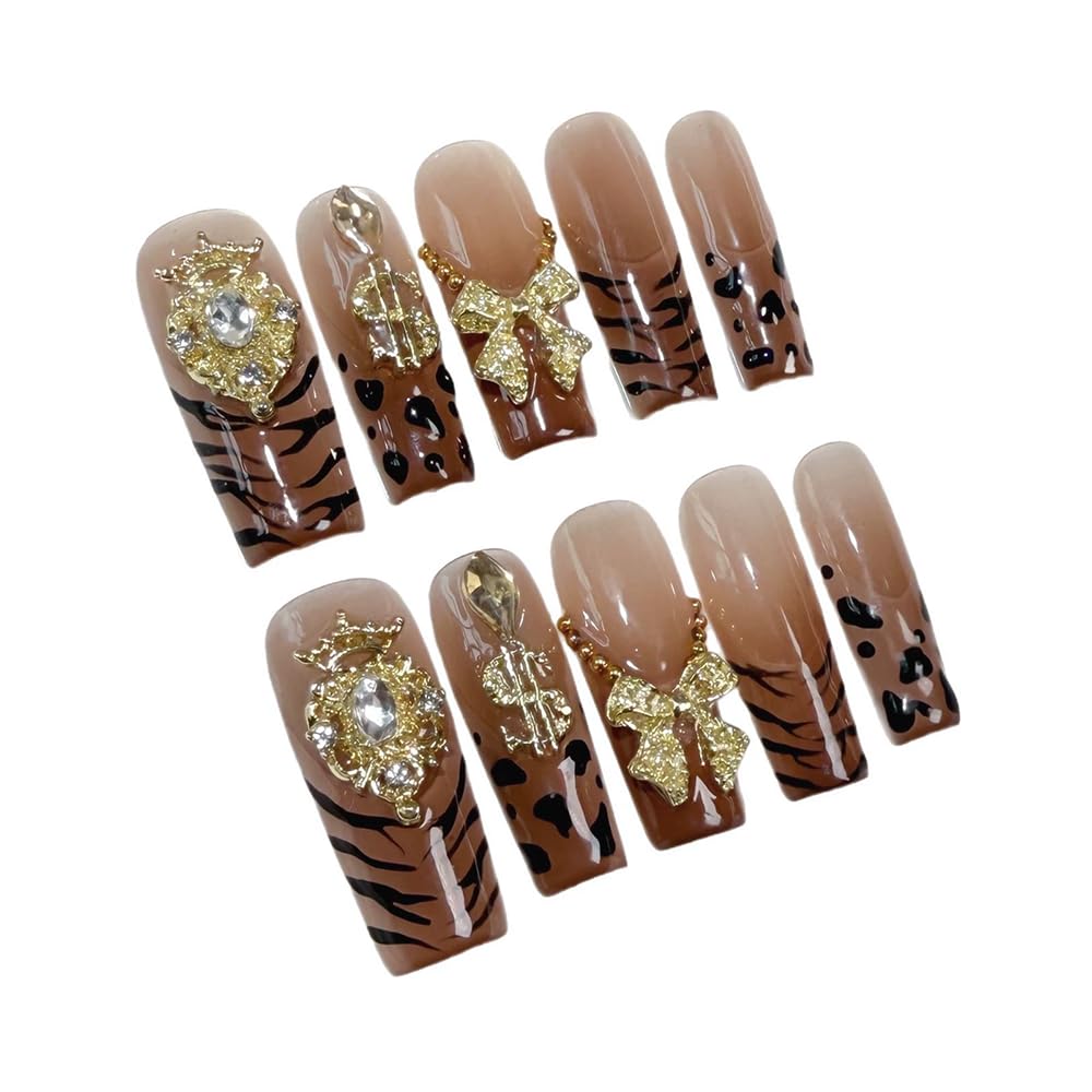 Handmade Press on Nails French Tip Leopard Fake Nails with 3D Bow and Gold Crown Designs False Nails Fall Glossy Acrylic Nails for Women DIY (Size M）