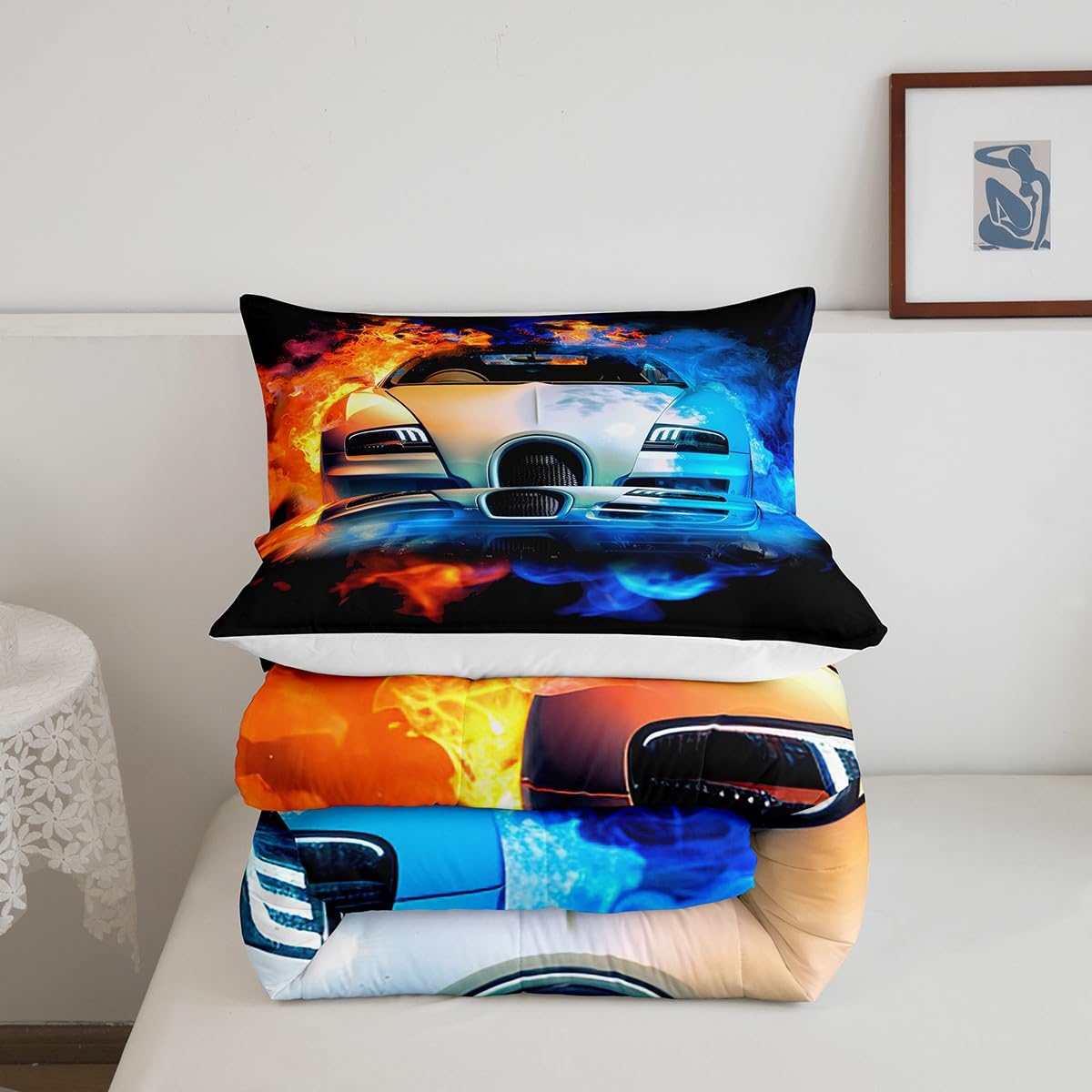 Feelyou Kids Sports Car Bedding Set Luxury Yin Yang Race Car Bedding Set for Boys Girls Men Extreme Sports Theme Comforter Cool Speed Racing Car Comforter Set Bedroom Collection 2Pcs Twin Size