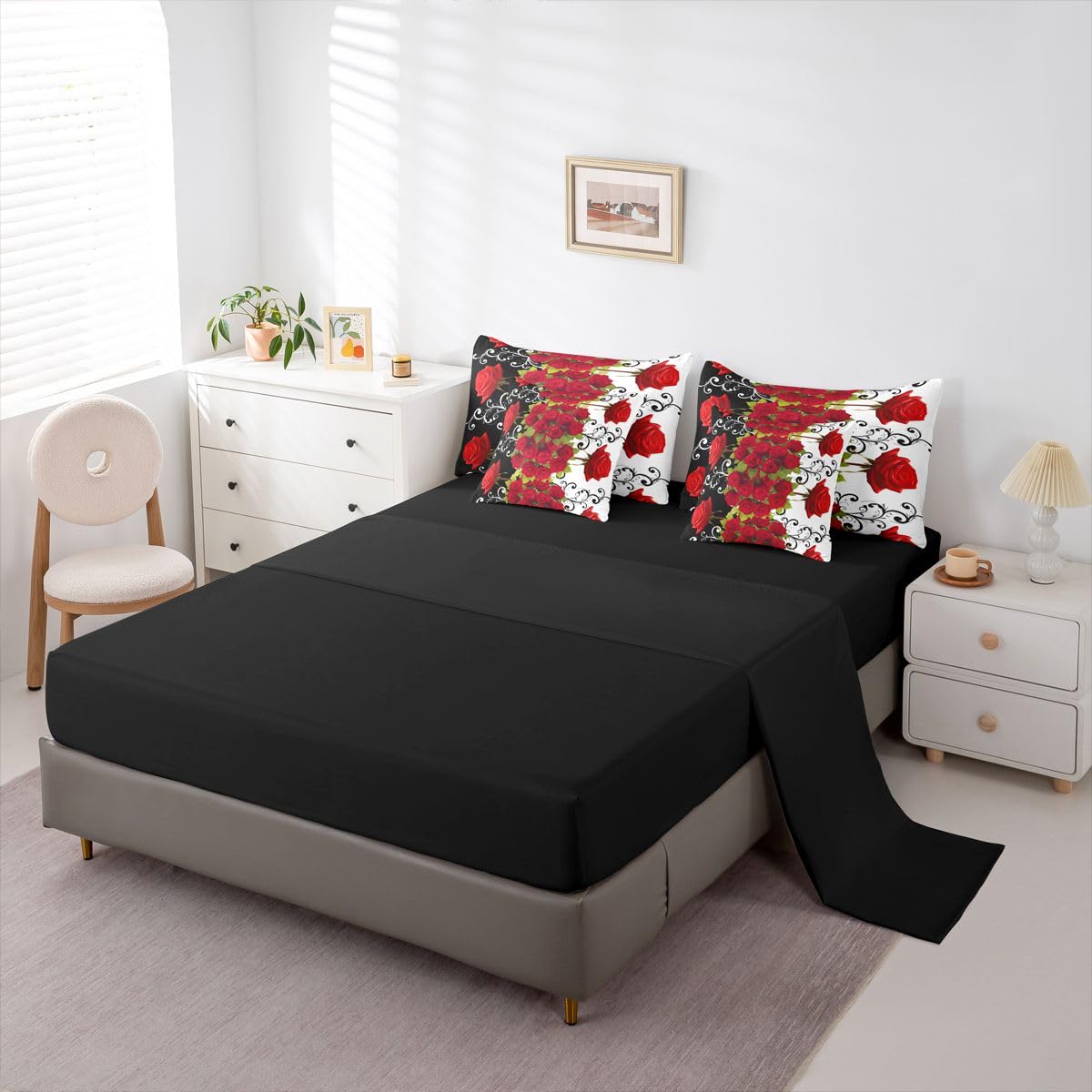 Erosebridal Valentine Roses Queen Comforter Set with Sheets 7 Piece Romantic Red Florals Bed in A Bag Valentine Day Gift Bedding Sets for Women Men Adults,Stylish Aesthetic Bed Set