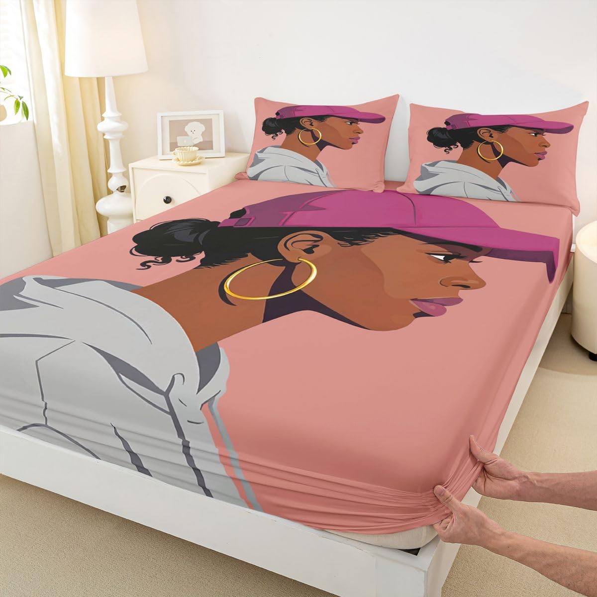 Erosebridal Black Girls Girls Bed Sheets Full Size Fashion Black Woman Fitted Sheet Vogue Fashionable Gorgeous Bedding Set for Kids Children Women Bedroom Decor African Princess Magical Sheets