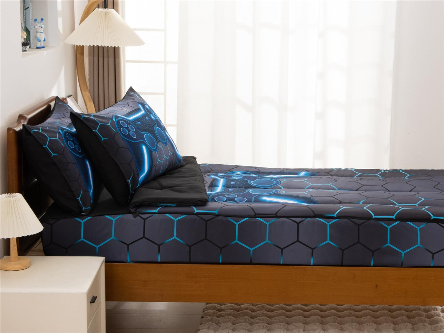 NTBED Gamer Printed Zipper Bedding Sets Twin for Kids Boys Lightweight Microfiber Geometric Comforter Set with Fitted Sheet Pillow Covers,Blue
