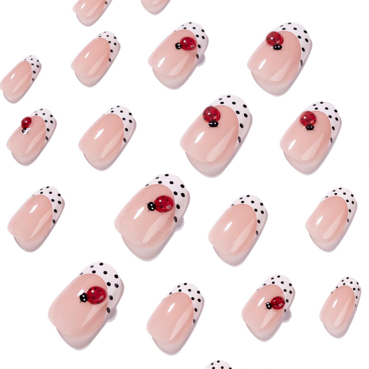 3D Short Oval French Tip Press‑On Nails — Nude Pink with White Polka Dots & Cute Ladybug, Glossy Acrylic Stick‑On Reusable Full‑Cover False Nails for Women & Girls — Easy‑Apply Tabs, Salon‑Quality