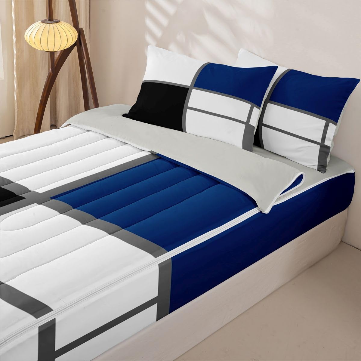 Erosebridal Geometric Abstract Zipper Bedding Set Twin Blue and White Striped Zipper Comforter Set with Sheets Square Grid Bed in a Bag Modern Art Patchwork Bed Sets with 2 Pillowcases