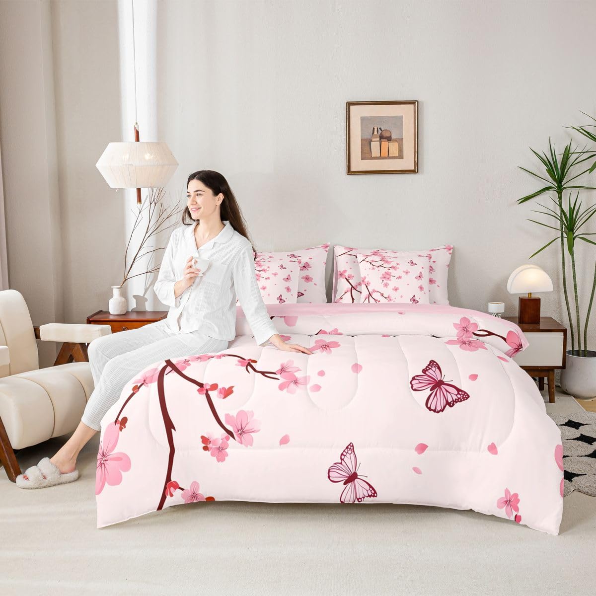Erosebridal Cherry Blossom Comforter Set Butterfly Bed in A Bag Queen Size 7 Pieces Botanical Floral Printed Bed Set Room Decor Japanese Style Romantic Theme Pink Bedding with Sheets