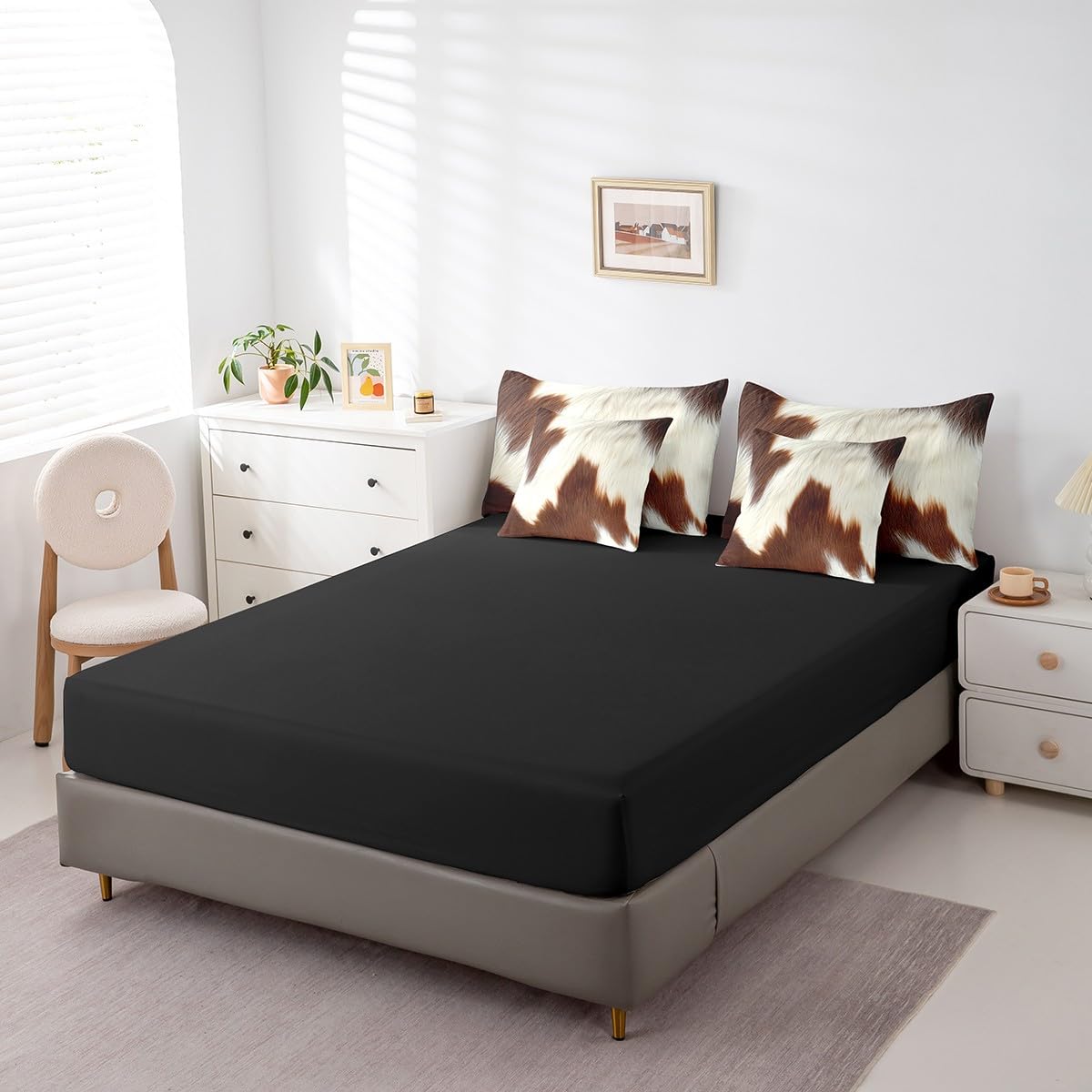 Erosebridal Brown Cowhide Teens Comforter Set 7 Piece Cute Cow Print Bedding Set King Size Western Cowboy Bed in A Bag for Kids Boys Adult Bedroom Animal Fur Country Sheets