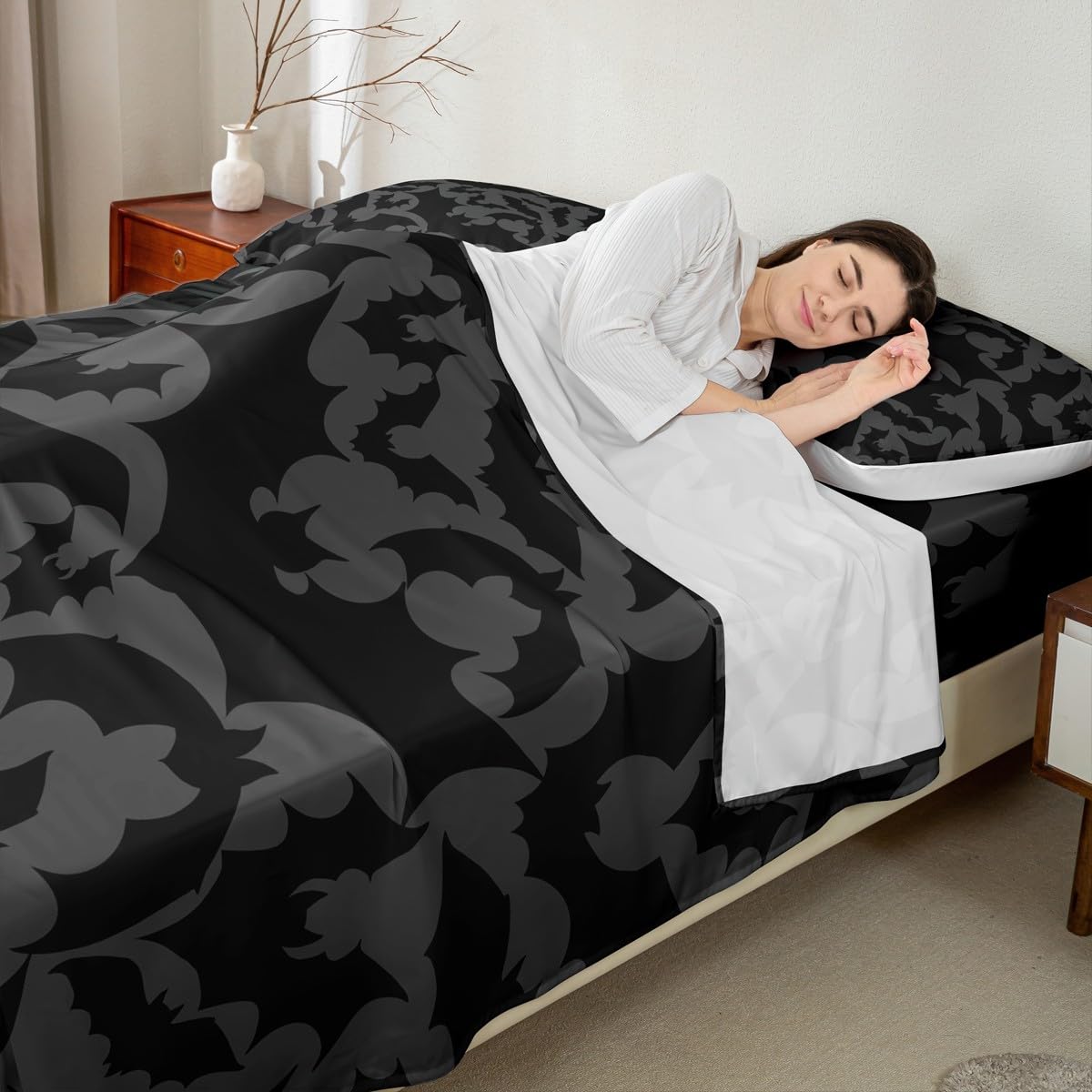 Castle Fairy Halloween Themed Bed Sheet Set for Boys Girls,Black Bats Animal Print Bed Sheet Set Full Size Bedding Set,Dark Grey Color Fitted Sheet and 1 Flat, 2 Pillow Sham