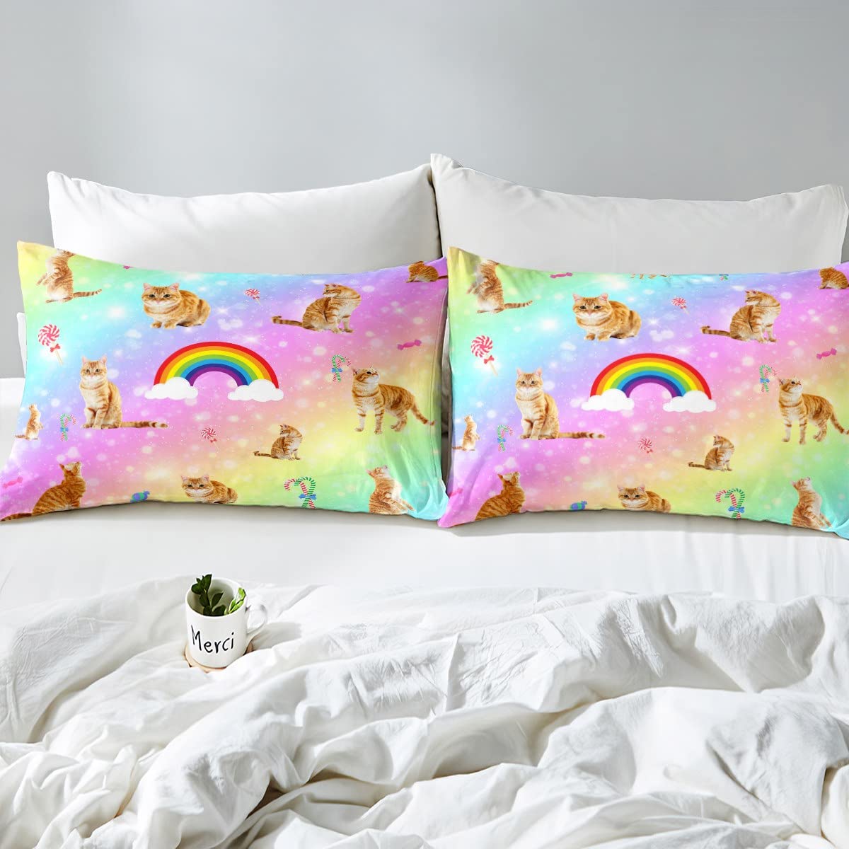 Erosebridal Cat Comforter Set, Starry Sky Bedding Set Twin for Girls Kids Boys Bedroom Decor, Rainbow Galaxy Down Comforter, Soft Breathable Microfiber Quilted Comforter with 1 Matching Pillowcase