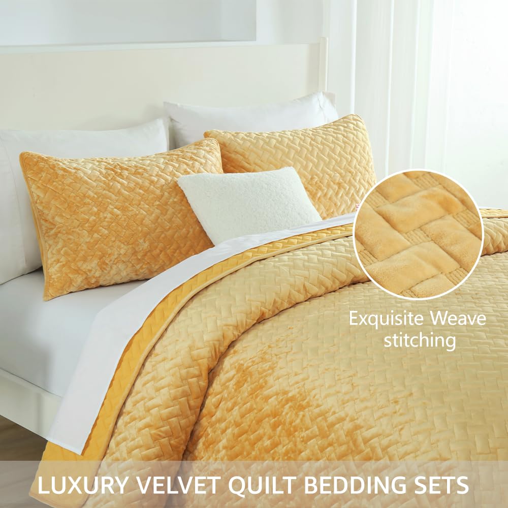 Liians Velvet Bedspread Quilt Bedding Sets,Luxury Elegant Ultra Soft Velvet Comforters Coverlet Blankets,Weave Stitching Pattern Cotton Quilted Bedspread for All Seasons,Yellow,King Size