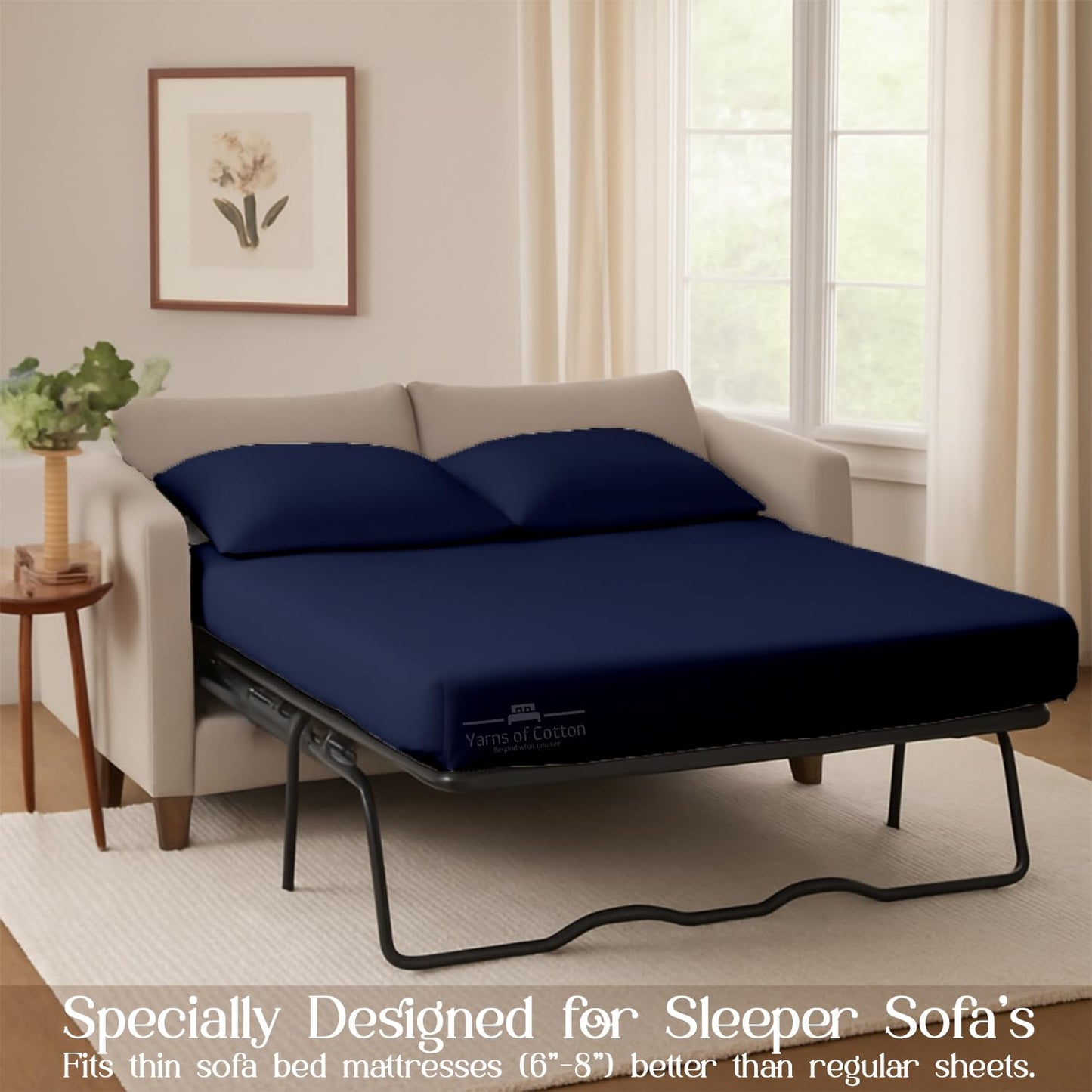 Sleeper Sofa Bed Sheet, 100% Cotton 400 Thread Count, 4 Piece Set, Deep Pocket Fitted Sheet, Soft Wrinkle Free & Breathable, Luxury Hotel Quality, Fits Up to 6 Inch Mattress (Full, Navy Blue)