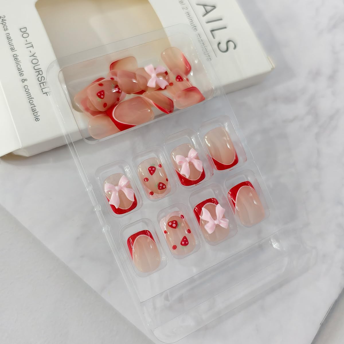 24Pcs Cute Press on Nails Extra Short Fake Nails with 3D Bow Designs Strawberry French Tip Glue on Nails Square Full Cover Acrylic Artificial Nails for Women Manicure Decorations
