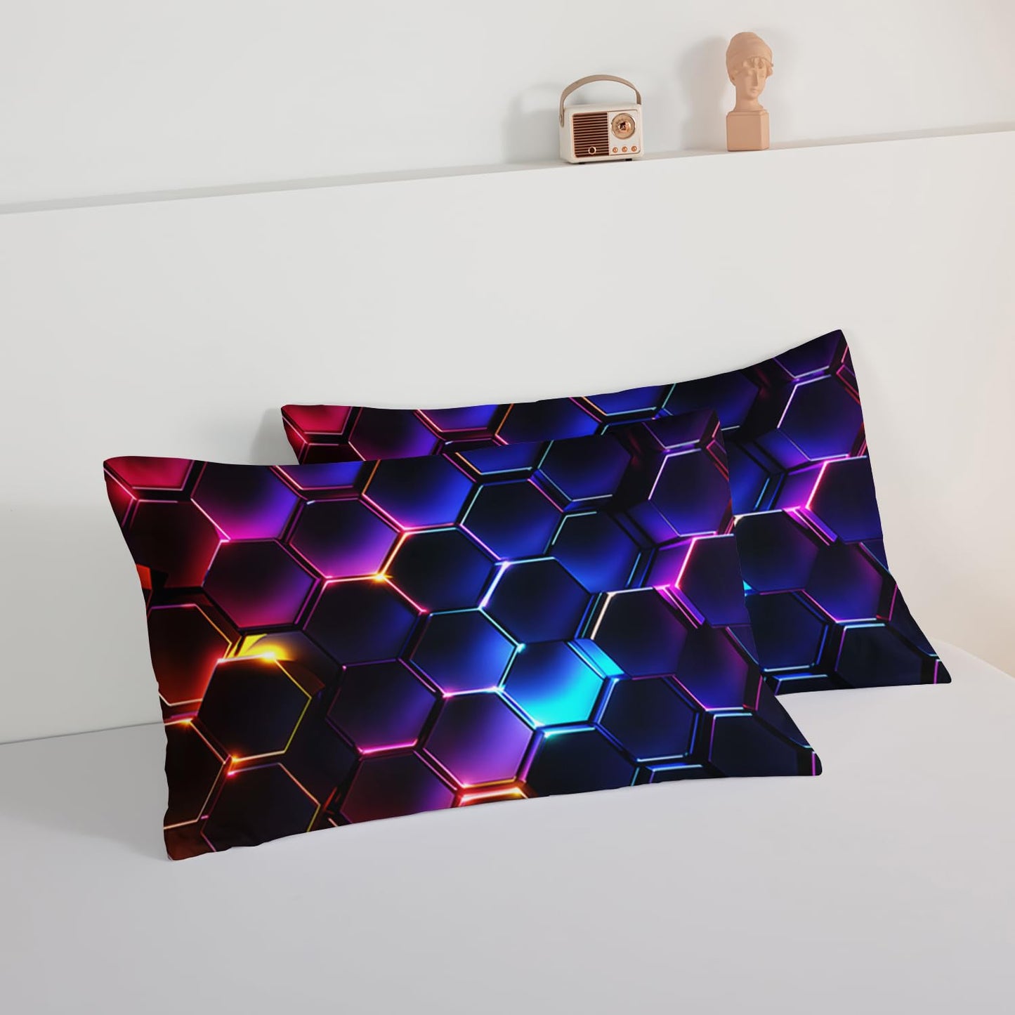 HOSIMA 3D Honeycomb Comforter Set - Queen Size, Geometric Hexagon Pattern Bedding Set for Kids Teens Boys Room Decor, Purple Blue Neon Lights Comforter Set with 2 Pillowcases