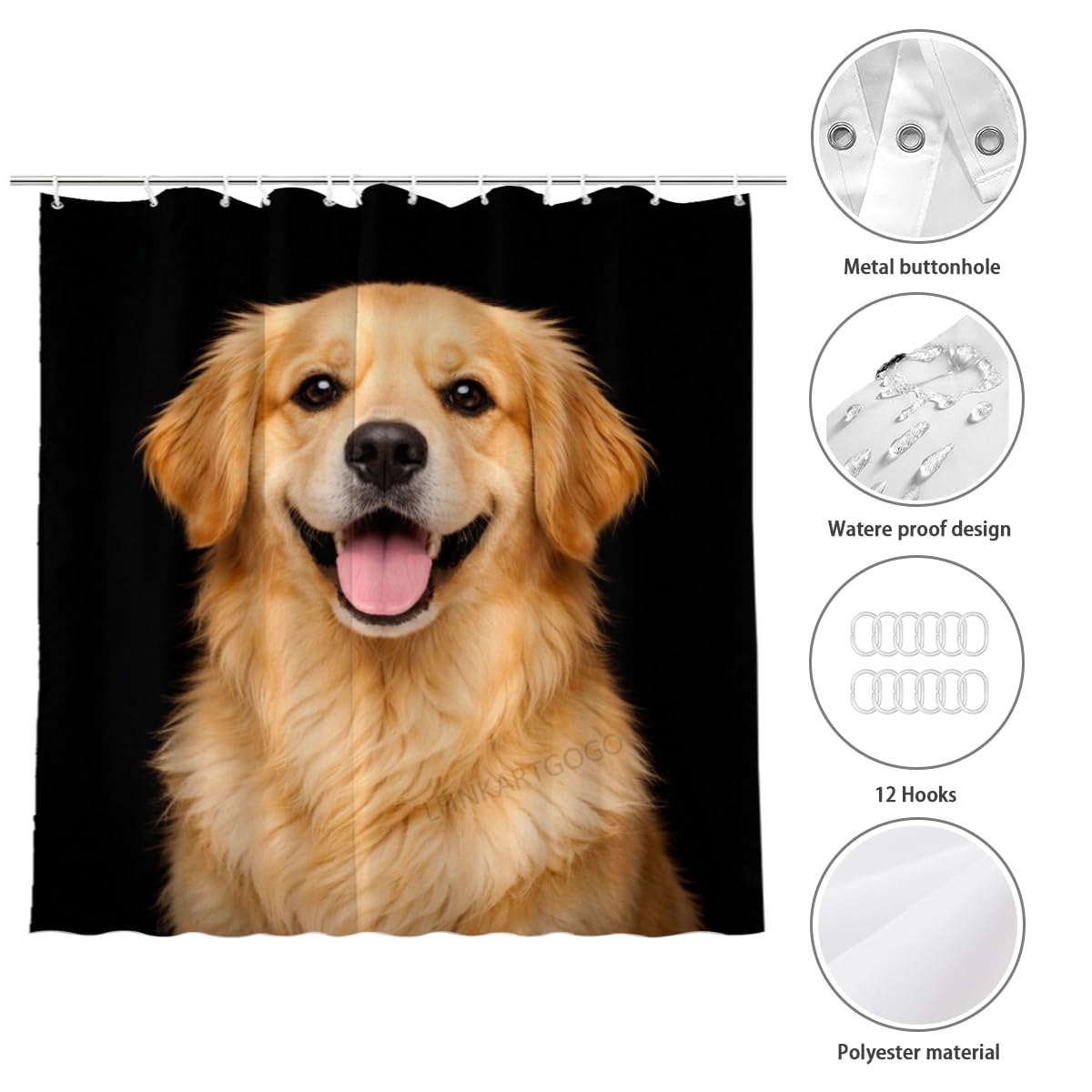 LFINKARTGOGO Golden Retriever Shower Curtain 72x72 Inch with 12 Hooks Funny Farm Animal Bathroom Decor Black Background Waterproof Washable Polyester Bath Curtain