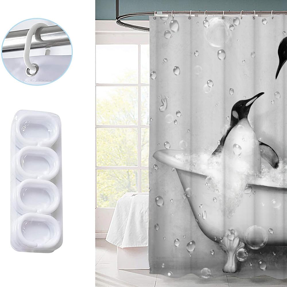 KREATIVE ARTS Funny Penguin Shower Curtain Cute Animal Takes Bath in Grey Bathtub with Bubbles Bathroom Curtain Fabric Shower Curtain Bathroom Accessories 12 Hooks 72x72