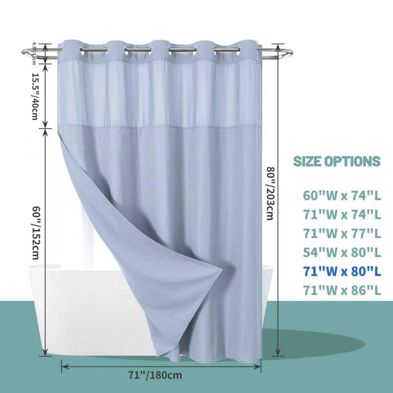 eachope FrostBlue Long No Hook Waffle Weave Shower Curtain with snap-in Liner Replacement, 230GSM Waterproof Fabric Hotel Shower Curtain Set for Bathroom, Through Mesh Top Window,71Wx80H