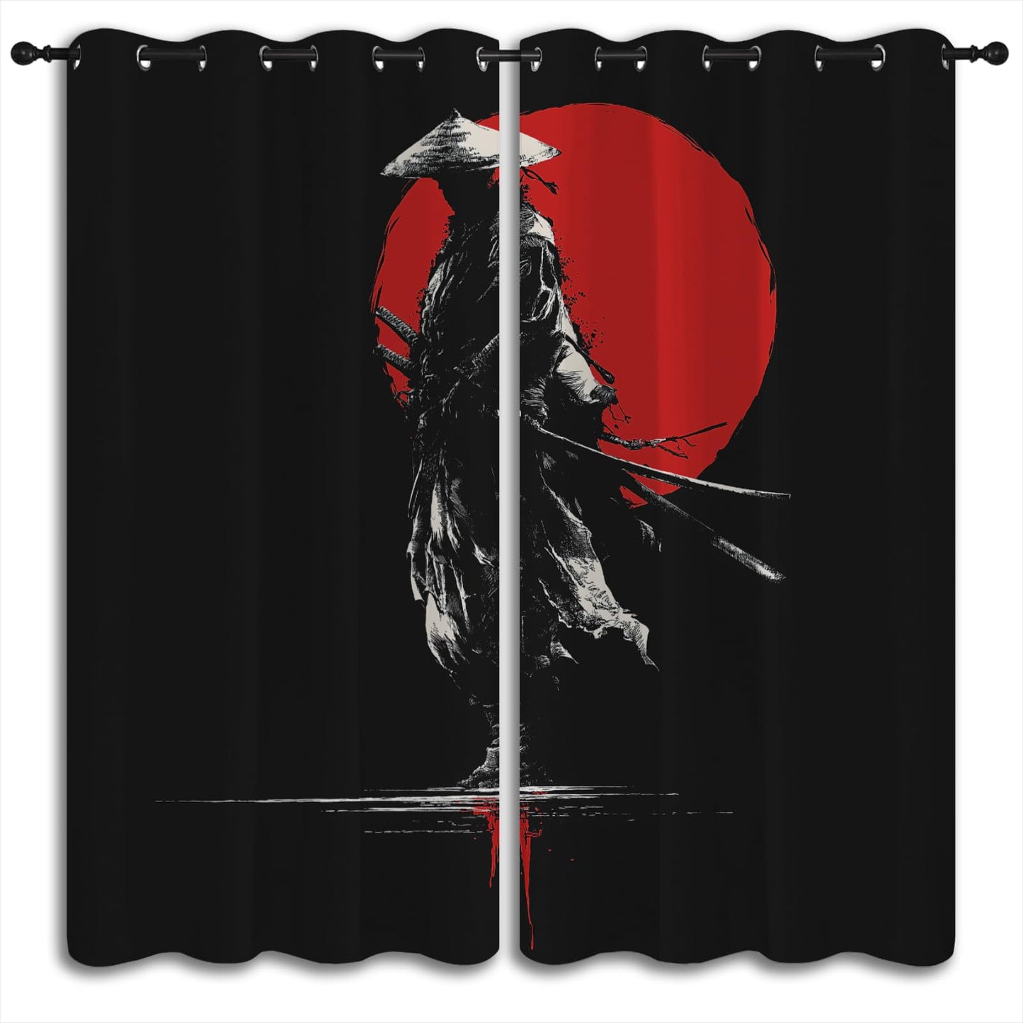 PYMATYTN Japanese Samurai, Blackout Curtains for Boys Girl Bedroom Home Decor, Asian Style Anime Red Sun Ink Painting Thermal Insulated Grommet Darkening Living Room Window Drapes, 84 x 63 inch