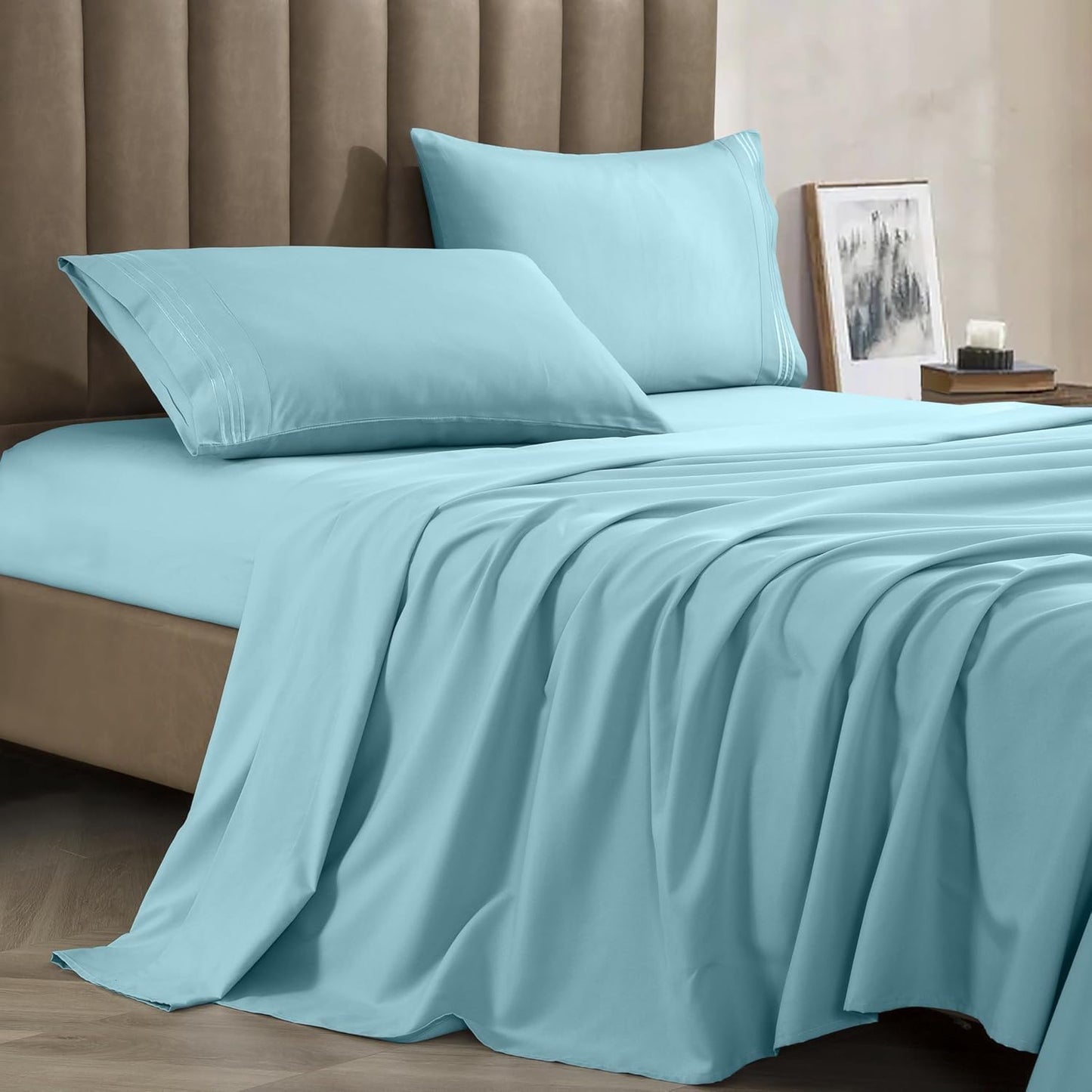 CELINE LINEN Premium 1800 Hotel Quality Wrinkle-Resistant 4-Piece Microfiber Sheet Set - Luxury Ultra Soft and Breathable Bedding 16 Inch Deep Pocket 4PC Sheet Set, King, Aqua