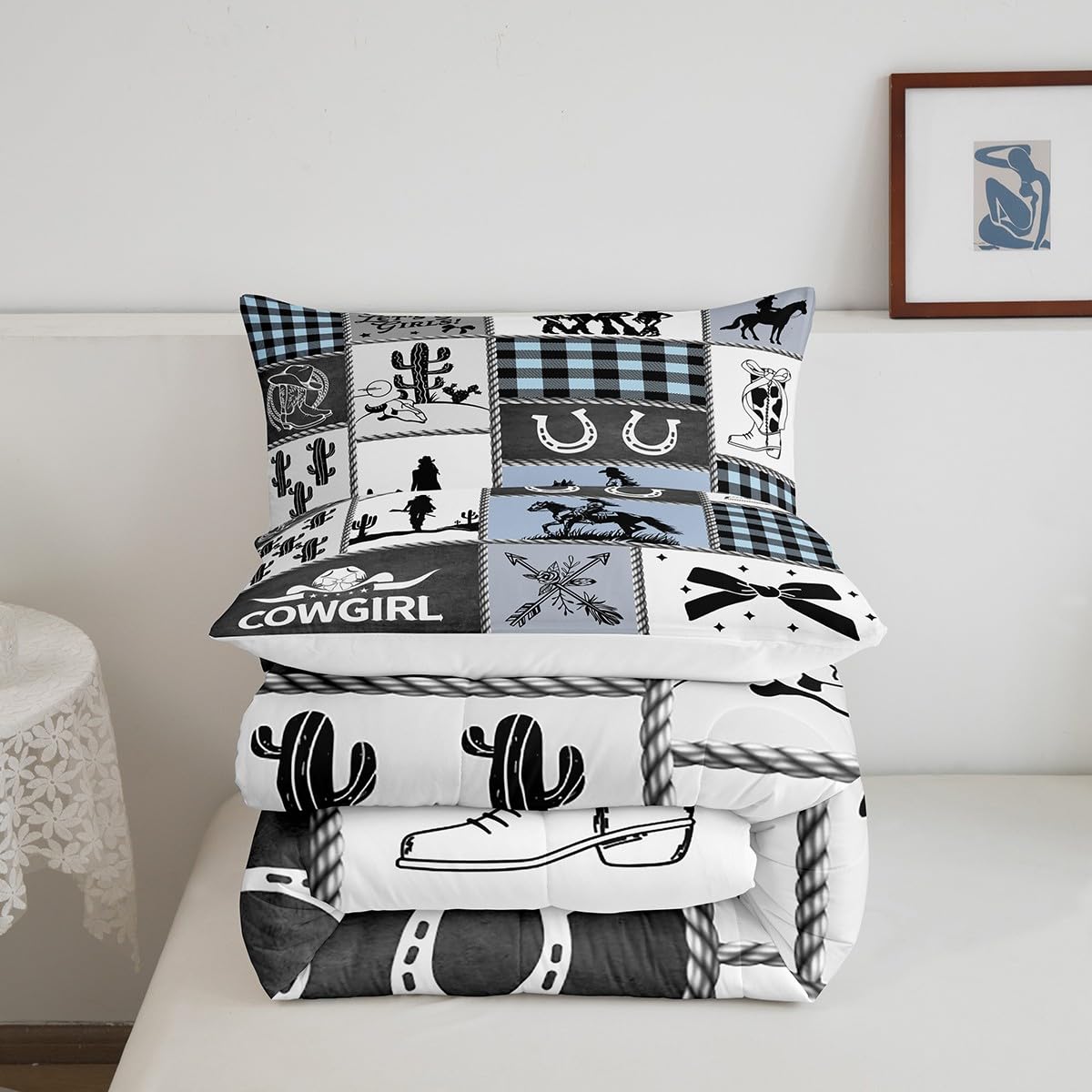 Western Cowgirl Girly Comforter Set Queen Size,Cactus Horseshoe Cow Skull Bow Bedding Set,Girls Women Room Decor,Cowgirl Boot Geometric Plaids Down Comforter,Blue Rustic Duvet Insert,2 Pillowcases