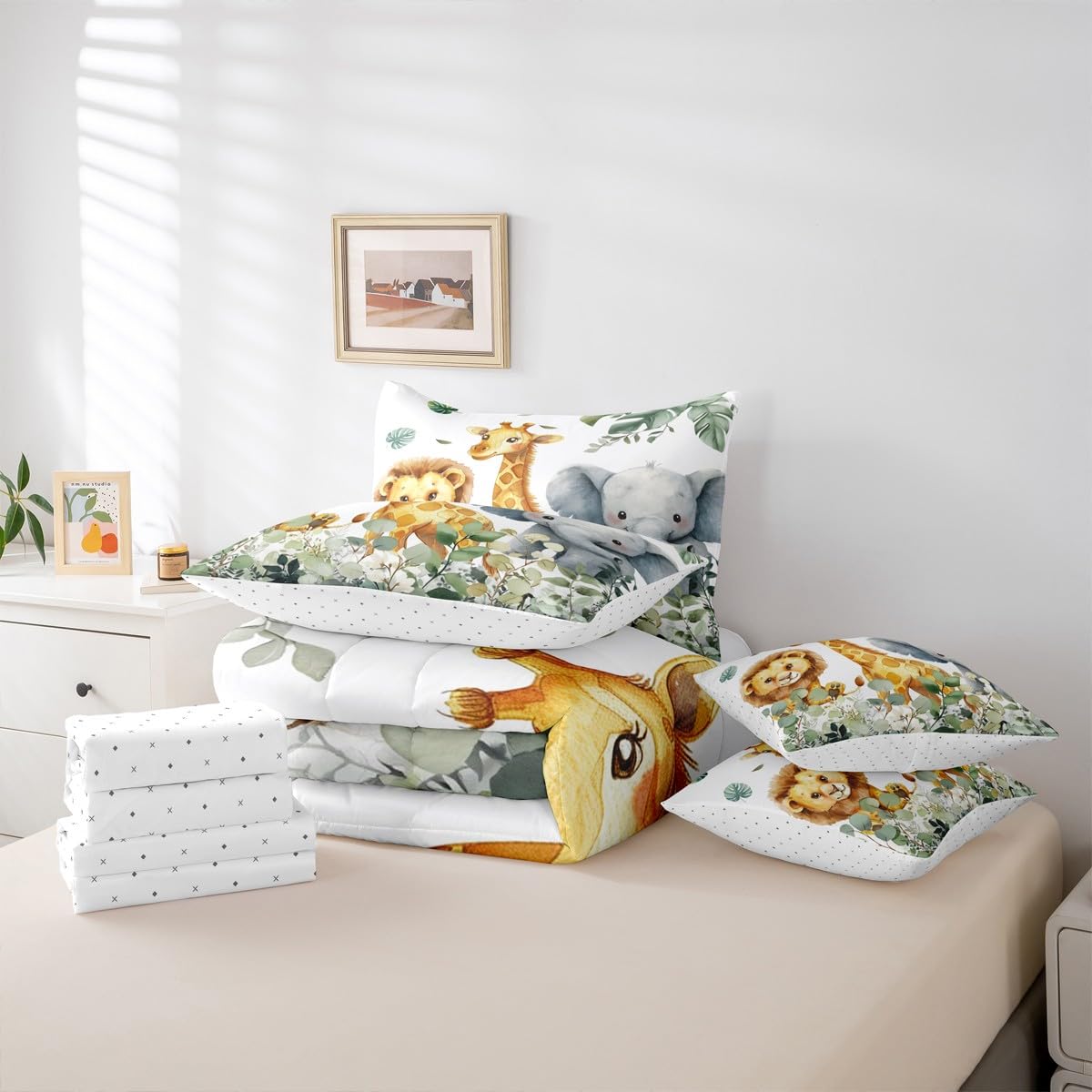 Erosebridal Jungle Animal Twin Size Comforter Set with Sheets - Kawaii Cartoon Zoo Animal 7-Piece Bedding Set Cartoon Lion Elephant Giraffe Bed in a Bag Leaves Botanical Eucalyptus Bed Quilt Sets