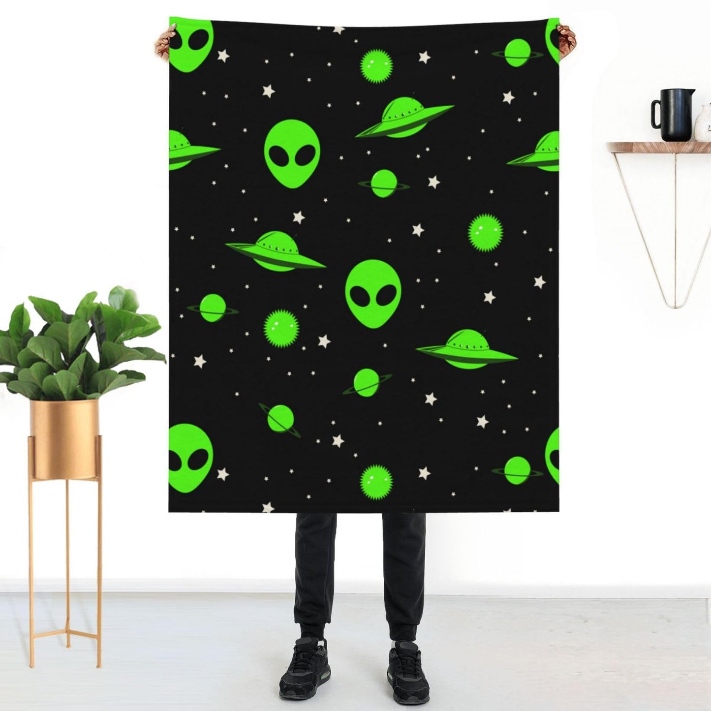 Green Alien Universe Wondrous Cosmos Planet and Stars Throw Blanket Gifts Soft Warm Fleece Blankets for Bed Chair Car Sofa Couch Bedroom 50 X40 Inch