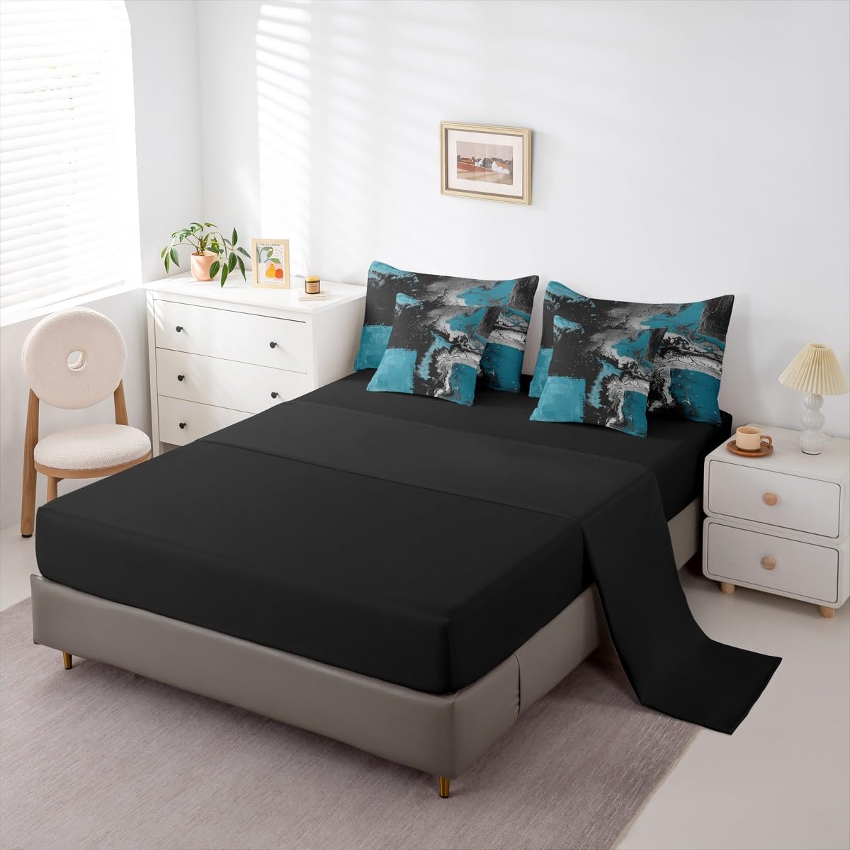 Feelyou Abstract King Comforter Set with Sheets for Kids Boys Girls Modern Abstract Art 7 Pieces Bedding Set Luxury Bed in a Bag Geometric Room Decor Dark Blue Balck Soft Lightweight Microfiber