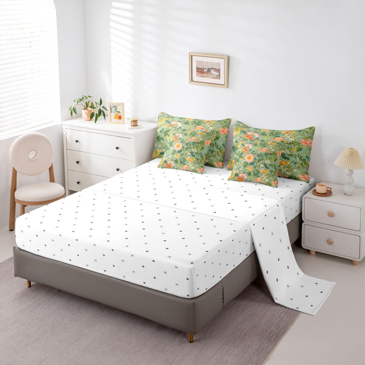 Erosebridal Lotus 7 Piece Bedding Set Twin Floral Comforter Set with Sheets Farmhouse Plant Leaves Botanical for Kids Boys Girls Pink Flowers Petals Daisy Bed in a Bag