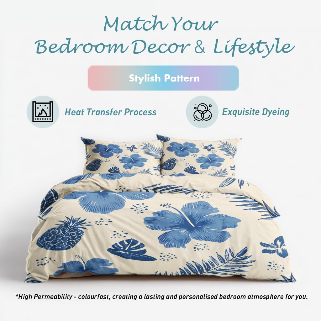 Tropical Floral Full Duvet Cover Set 3 Piece, Hawaiian Hibiscus Flower Reversible Bedding with 2 Pillow Shams, Zipper & Ties, Ultra Soft Microfiber, Floral Bedroom Decorations 49A-K