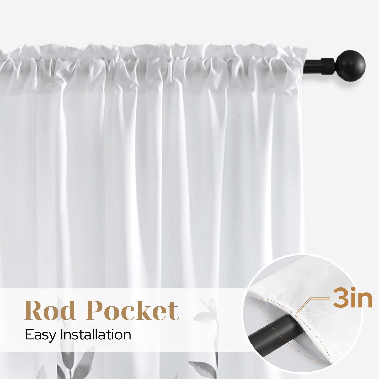 HOMEIDEAS Non-See-Through Light Grey and White Privacy Sheer Curtains 52 X 63 Inch Length 2 Panels, Leaf Floral Printed Light Filtering Semi Sheer Window Curtains Drapes for Bedroom Living Room
