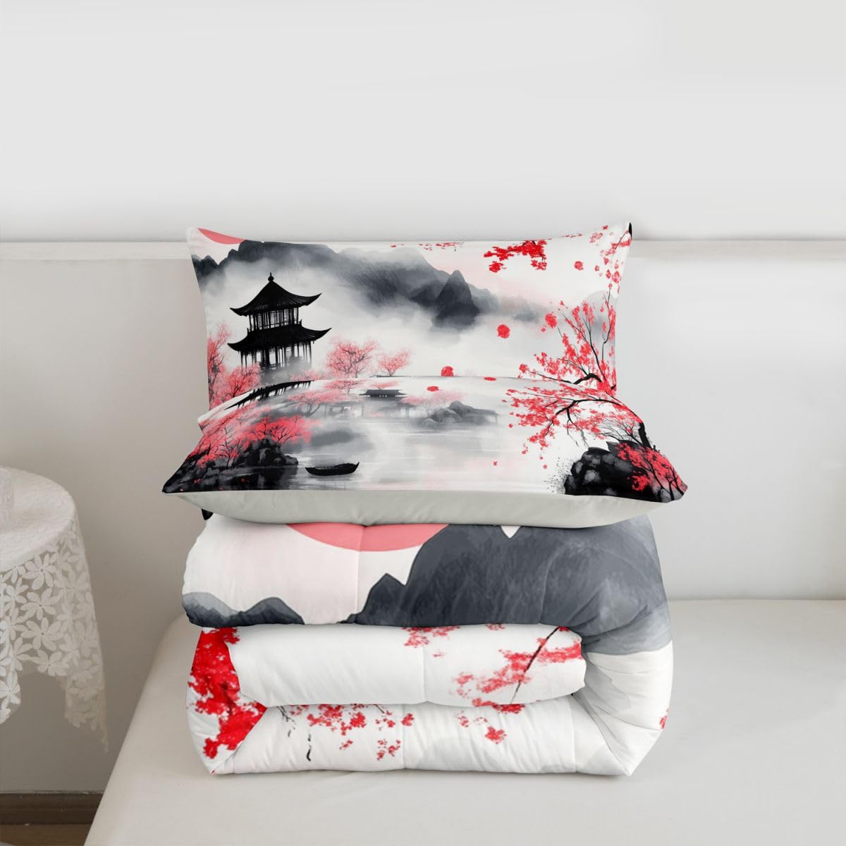 jejeloiu Chinese Ink Painting Bedding Set Soft for Boys Girls, Cherry Blossom Comforter Set Queen Size Mountain Duvet Quilt Microfiber Japanese Style Bedroom Decor 3 Pcs with 2 Pillow Cases