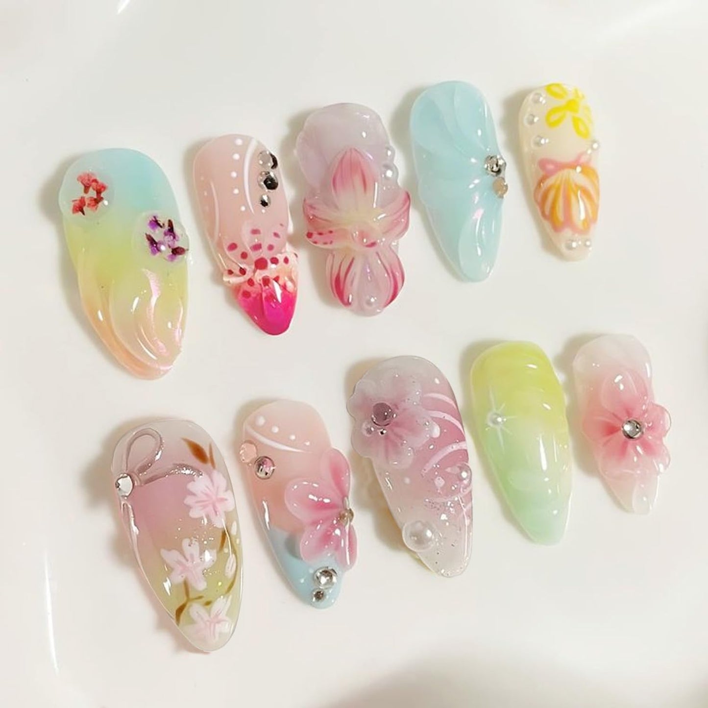 24 Pcs Flower Press on Nails Medium Almond French Tip Fake Nails 3D Flowers Bow Rhinestones Glitter Designs Full Cover Spring Summer Stick on Nails Handmade False Nails for Women Acrylic Nail Salon