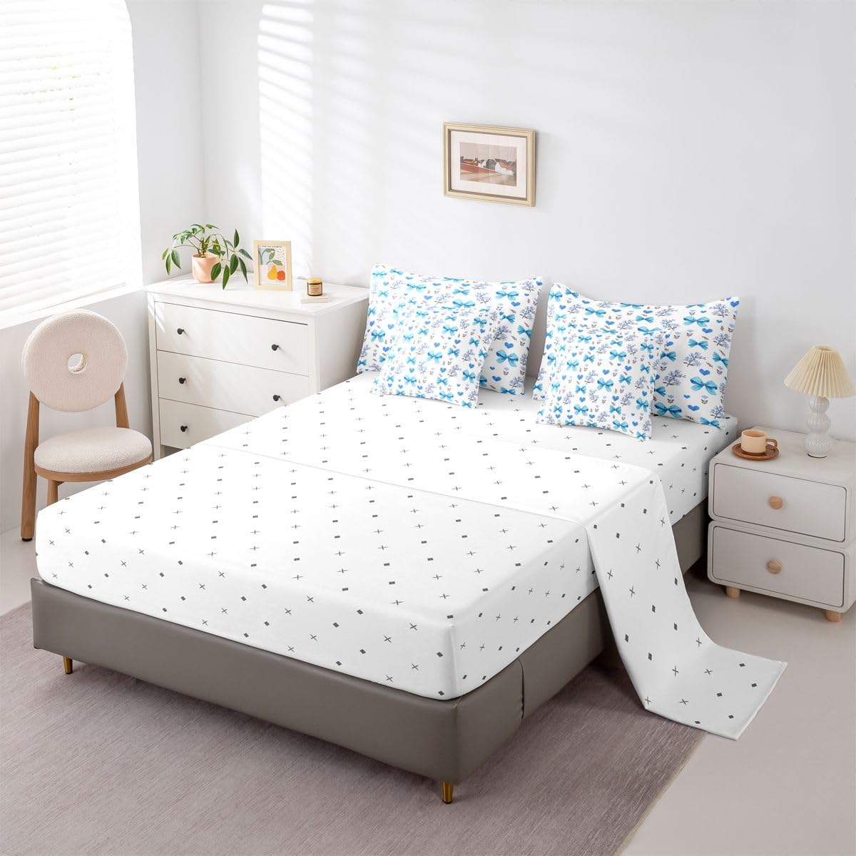Feelyou Bow Comforter Set King Size 7 Pieces Blue Cute Floral Bedding Set for Kids Boys Girls Heart Bowknot Pattern Bed in a Bag with Comforter, Sheets, Pillowcases, Cushion Covers