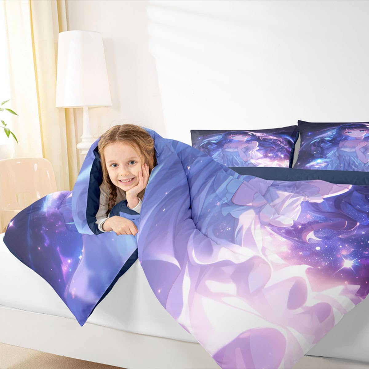 Erosebridal Anime Girls Bedding Anime Gifts Comforter Set for Kids Purple 3D Galaxy Printing Bedding Sets, Cartoon Long Curly Hair Girly Printed Comforter Kids Kawaii Japanese Girl Bed Set, Full