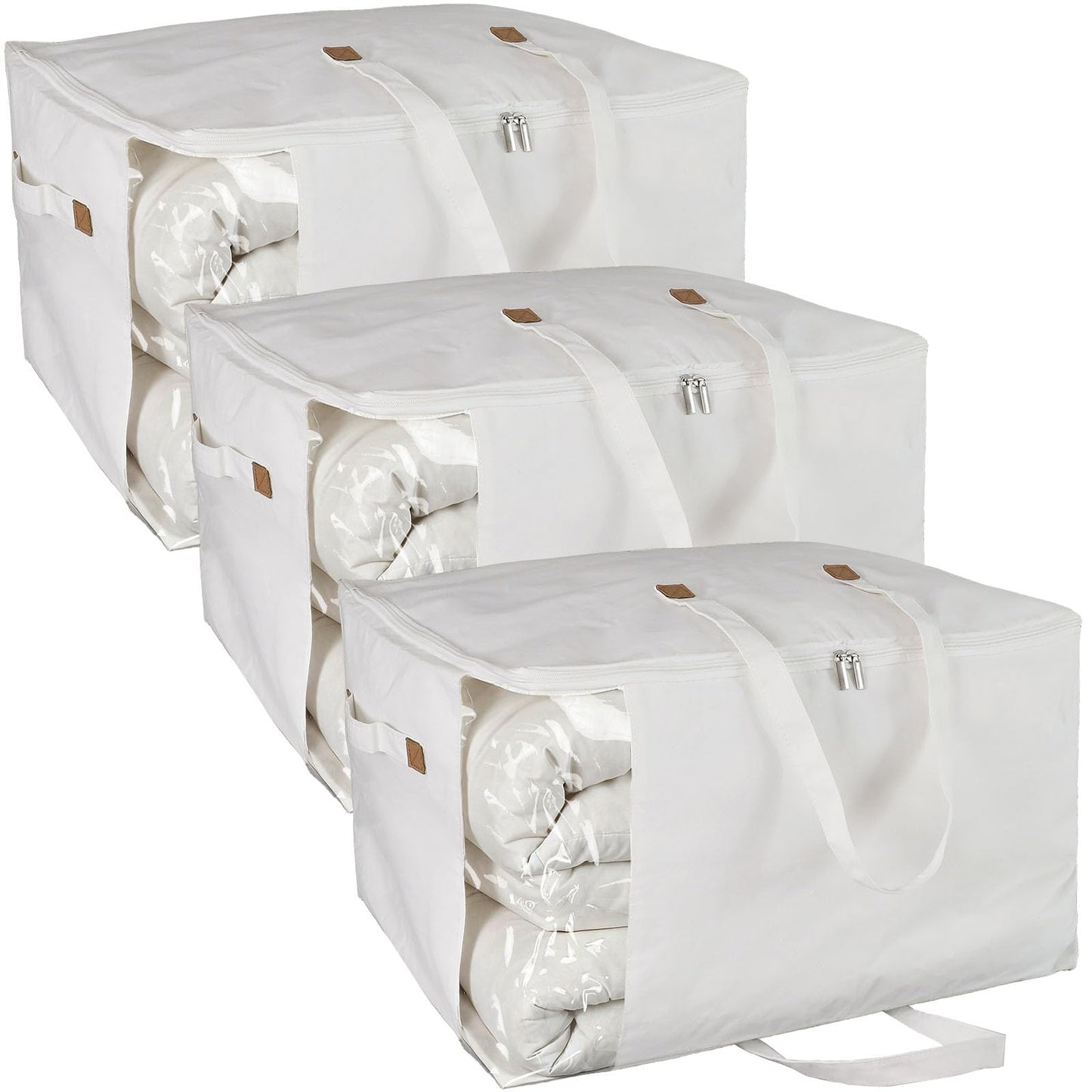 Heavy Duty Cotton Canvas Storage Bags For Comforter Blankets Clothes Extra Large Foldable Organizer with Clear Window & Reinforced Handles, Dustproof Design (White, 80L-3Pack)