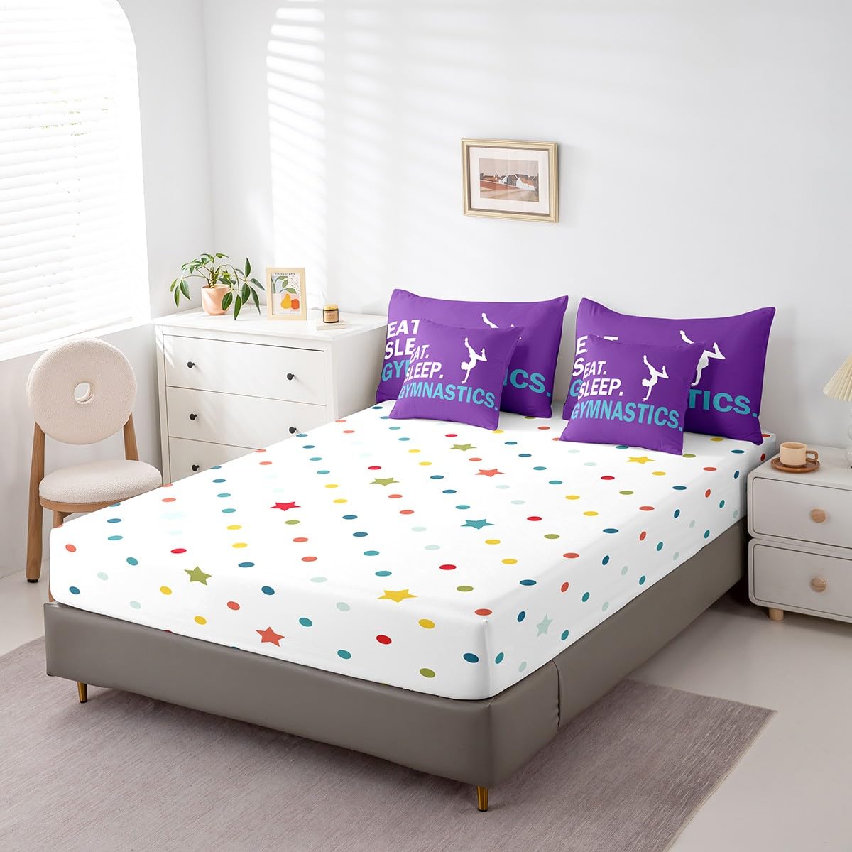 Feelyou Gymnastics Bedding Set Twin Girls Gymnastics Lovers Comforter Set 7 Piece for Kids Women Ultra Soft Sports Bedding Twin Comforter Set Girly Purple Bed in a Bag Room Decor Bed Set