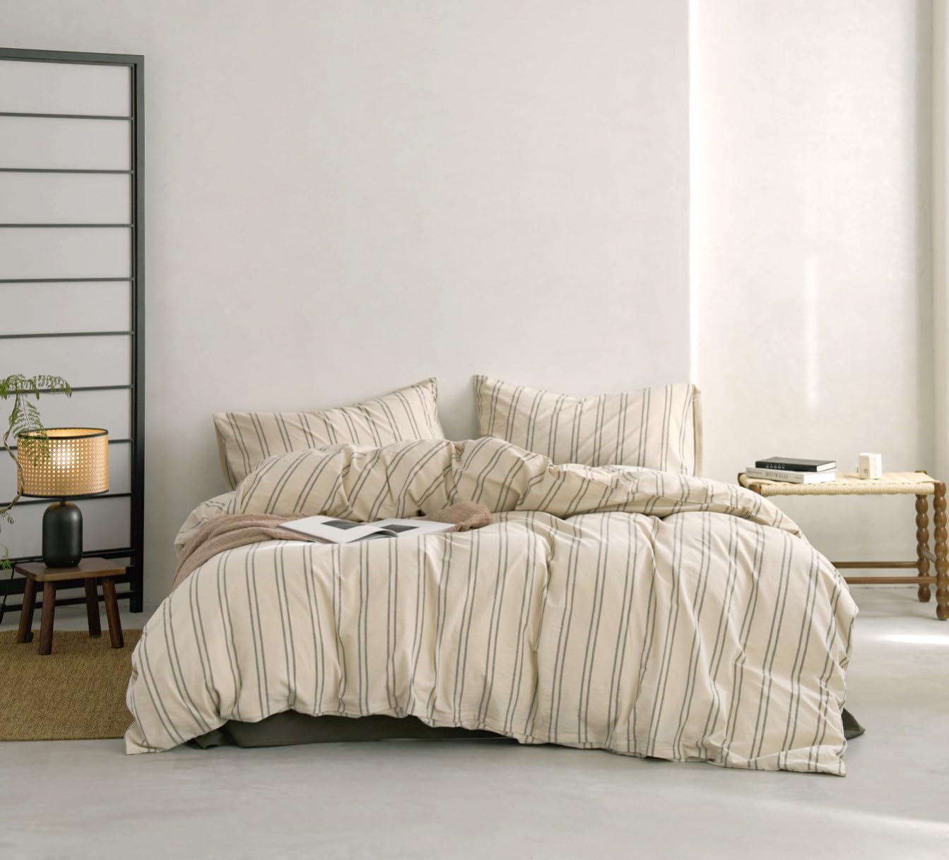 VM VOUGEMARKET Striped Duvet Cover Set Queen Beige 100% Washed Cotton Bedding Set,Grey Green Vertical Ticking Stripes Pattern Comforter Cover with Zipper Closure (3pcs, Queen Size)