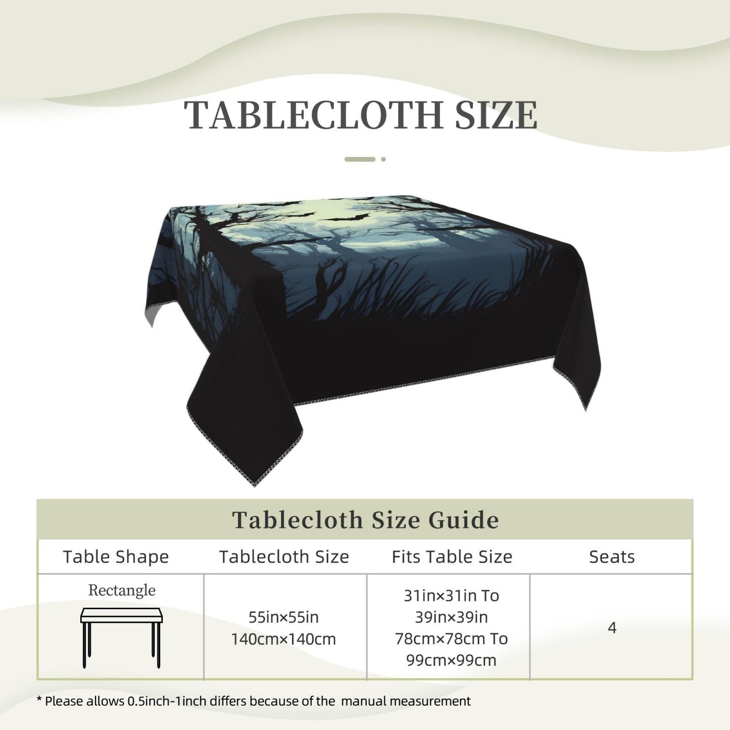Entemne Square Table Cloth 55x55 Inch Halloween Moon Forest Tree Bats Tablecloth Washable Soft Wrinkle Free Dust Proof Card Table Cover for Tea Party Picnic Kitchen Dining Decor