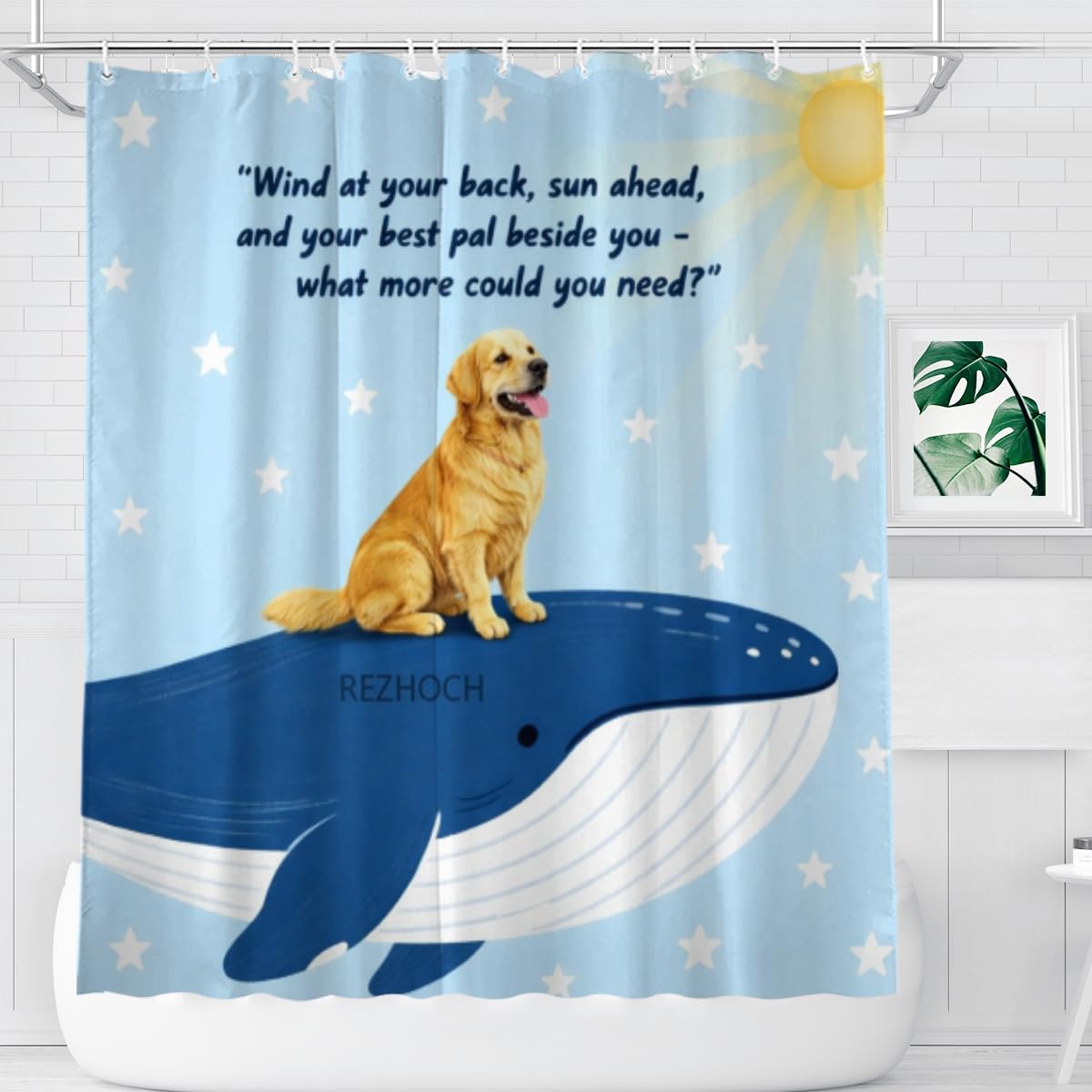 REZHOCH Funny Whale Golden Retriever Shower Curtain 72x72Inch Cute Animal On Whale Ocean Sunny Home Bathroom Decor Art Waterproof Fabric All Season Bath Bathtub Set with 12 Hooks