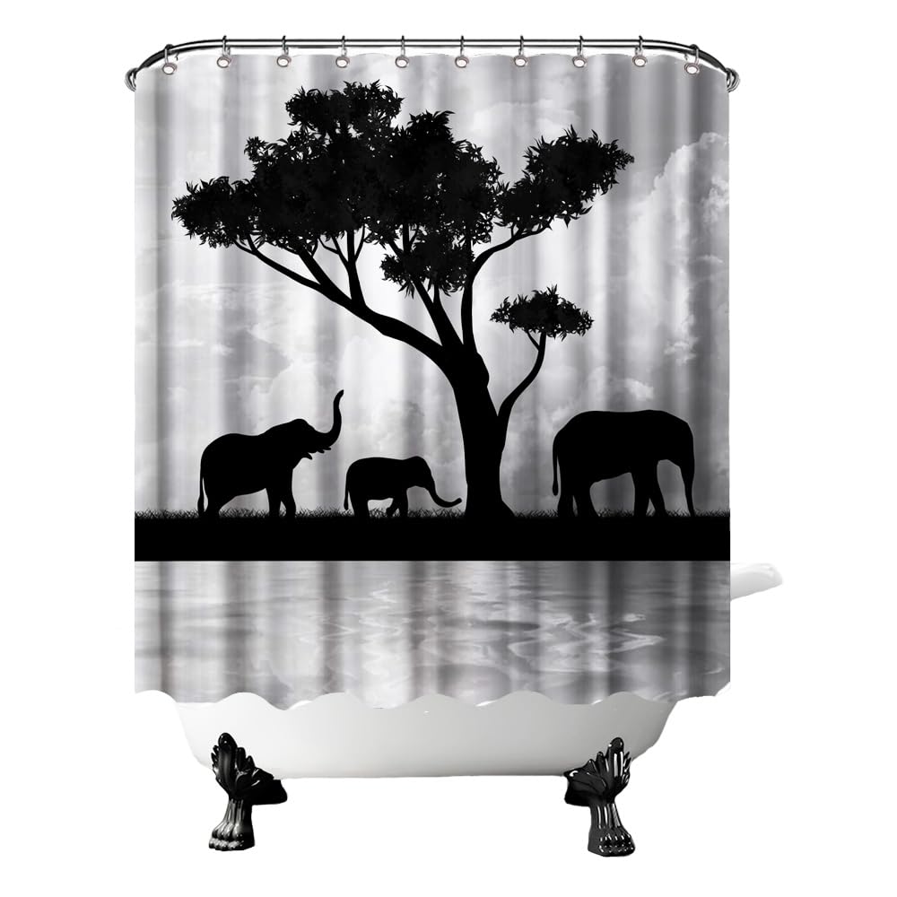 RyounoArt Elephant Shower Curtain Black and White Abstract African Elephant Family Bath Curtain Safari Bathroom Decor Fabric Cloth 72"x72"with 12 Hooks
