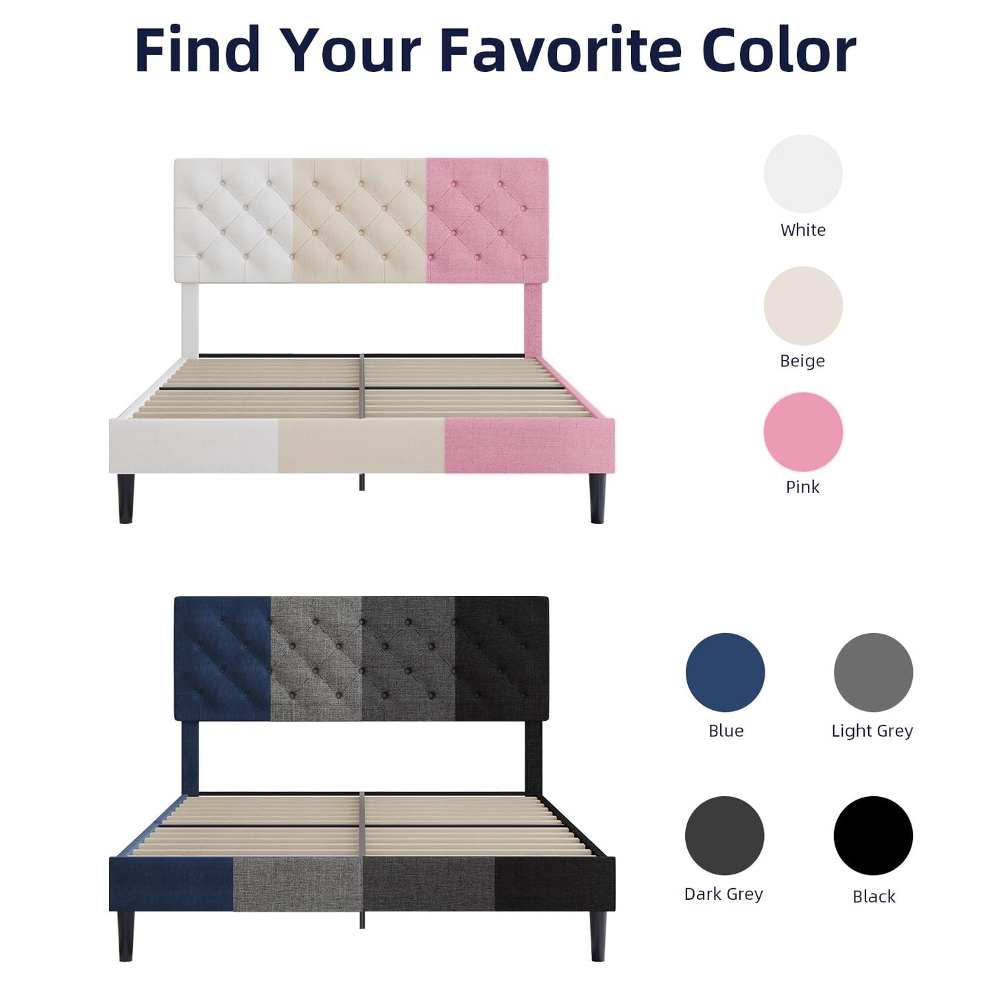 BarnFurin Queen Bed Frame, Upholstered Platform Bed with Button Tufted Headboard, Fabric Bed Frame with Wooden Slats Support, No Box Spring Required, Easy Assembly, Black