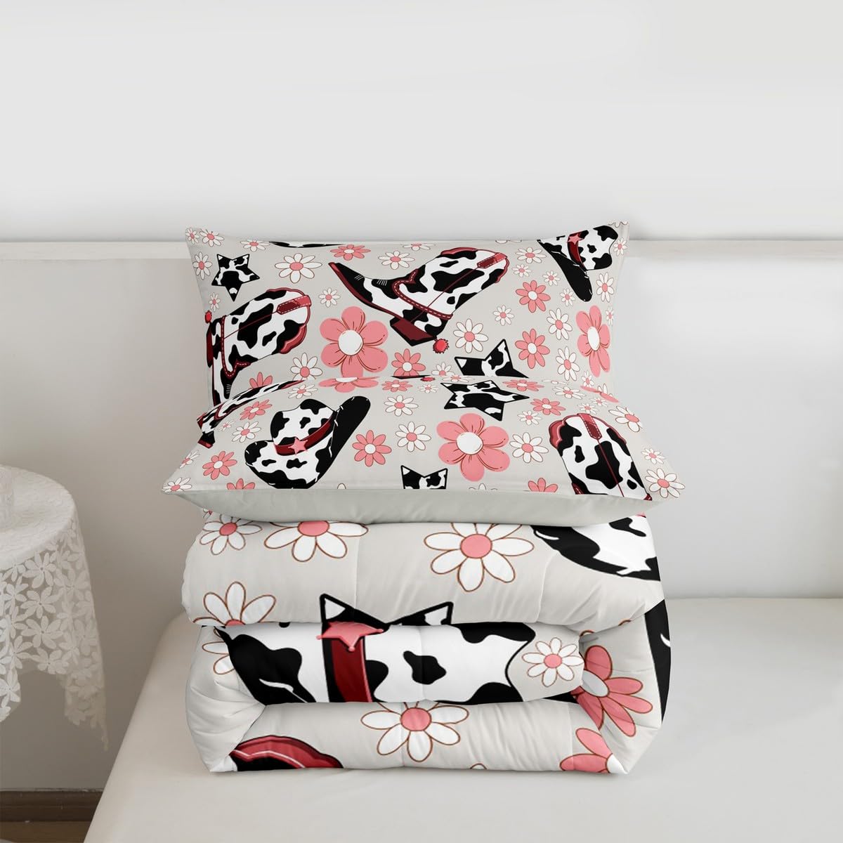 Feelyou Western Bedding Set Soft for Boys Girls, Cowgirl Floral Comforter Set Full Size Western Cowboy Boots Duvet Quilt Wild West Cactus Flower Bedroom Decor Gray Pink 3 Pcs with 2 Pillow Cases