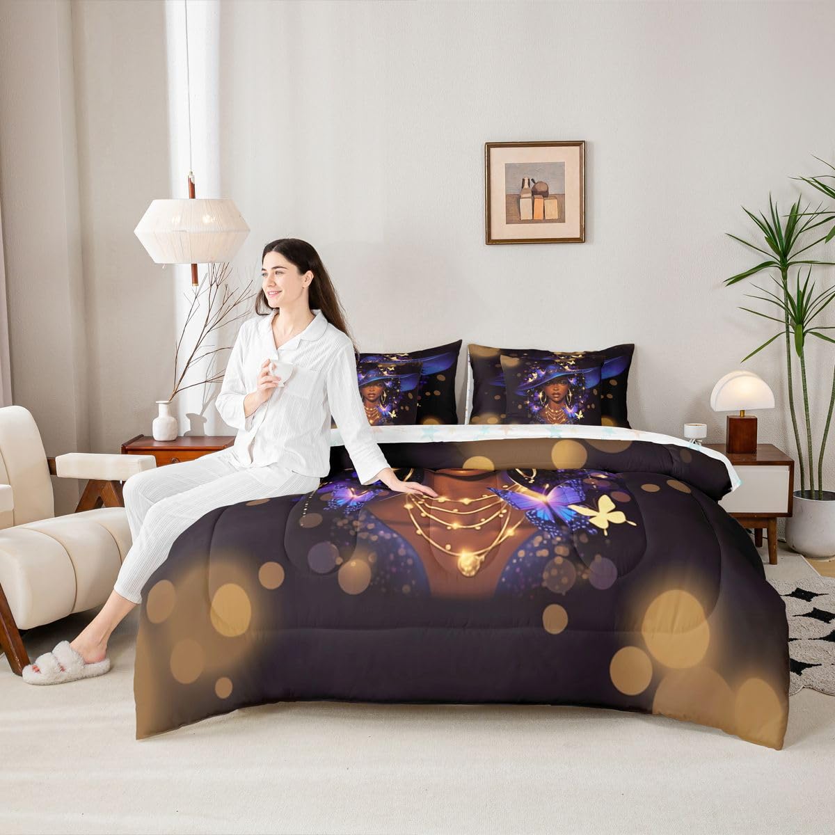 Erosebridal Black Girls Magic Queen Bedding Set Blue Witch Hat Comforter Set with Flat and Fitted Sheet Women Teen Vibrant Butterfly 7-Piece Bed in a Bag Stylish Luxury Gold Art Quilt Sets